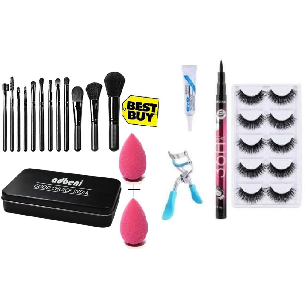 Adbeni Professional Makeup Brush Set with 2 Blenders, 1 Kajal Eyeliner & Eyelash Curler Combo - Perfect for Everyday Makeup, Bridal Looks & Travel