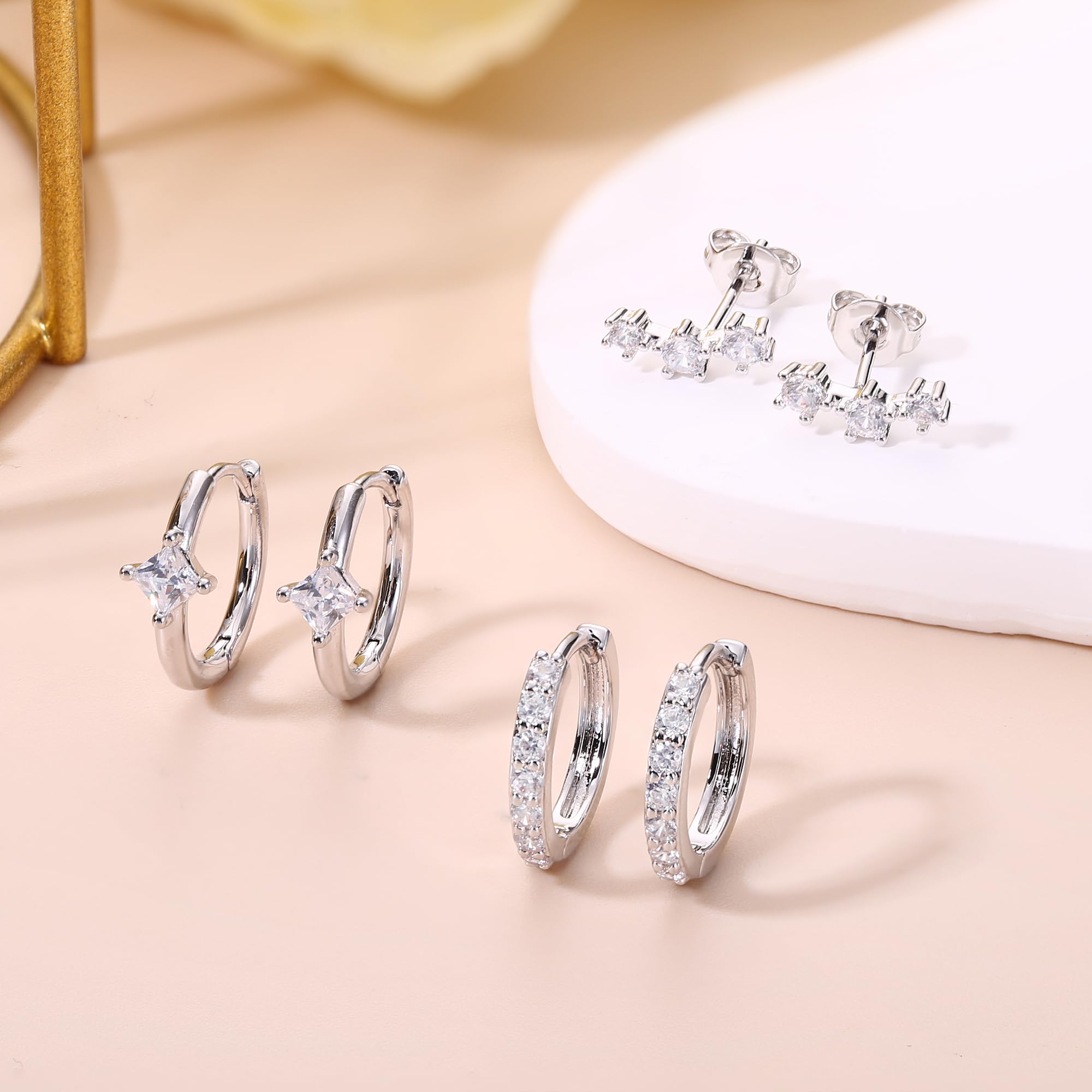 3 Pairs Sterling Silver Stud Hoop Earrings for Women - 14k Gold Plated Dainty Earrings, 925 Silver Cartilage & Huggie Earrings Set for Multiple Piercings | Perfect for Everyday Wear, Gifts & Special Occasions