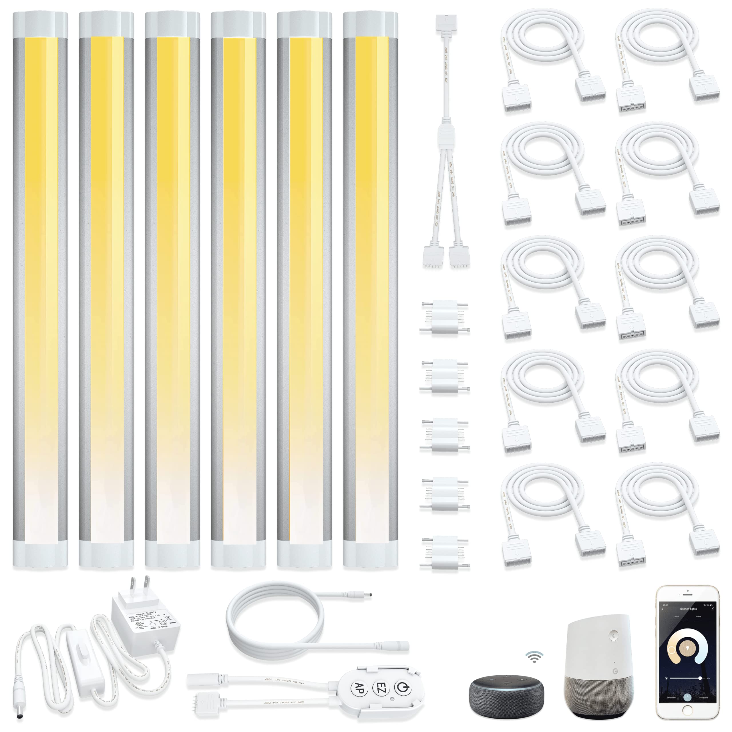 Smart LED Under Cabinet Lighting Dimmable Strip Lights - 6 Pack, Warm/Daylight/Cool White Adjustable, Alexa & Google Assistant Compatible, Phone App Control - Perfect for Kitchen, Cupboard, Shelf, Countertop, and Closet Lighting