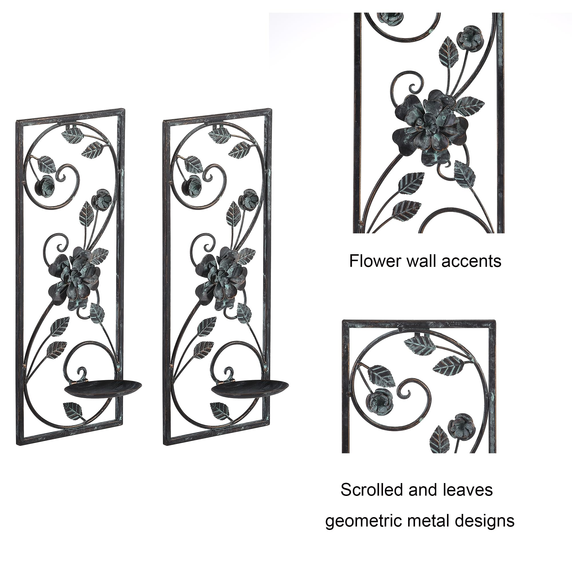 Scroll & Floral Metal Wall Candle Sconce Set of 2 - 16.5