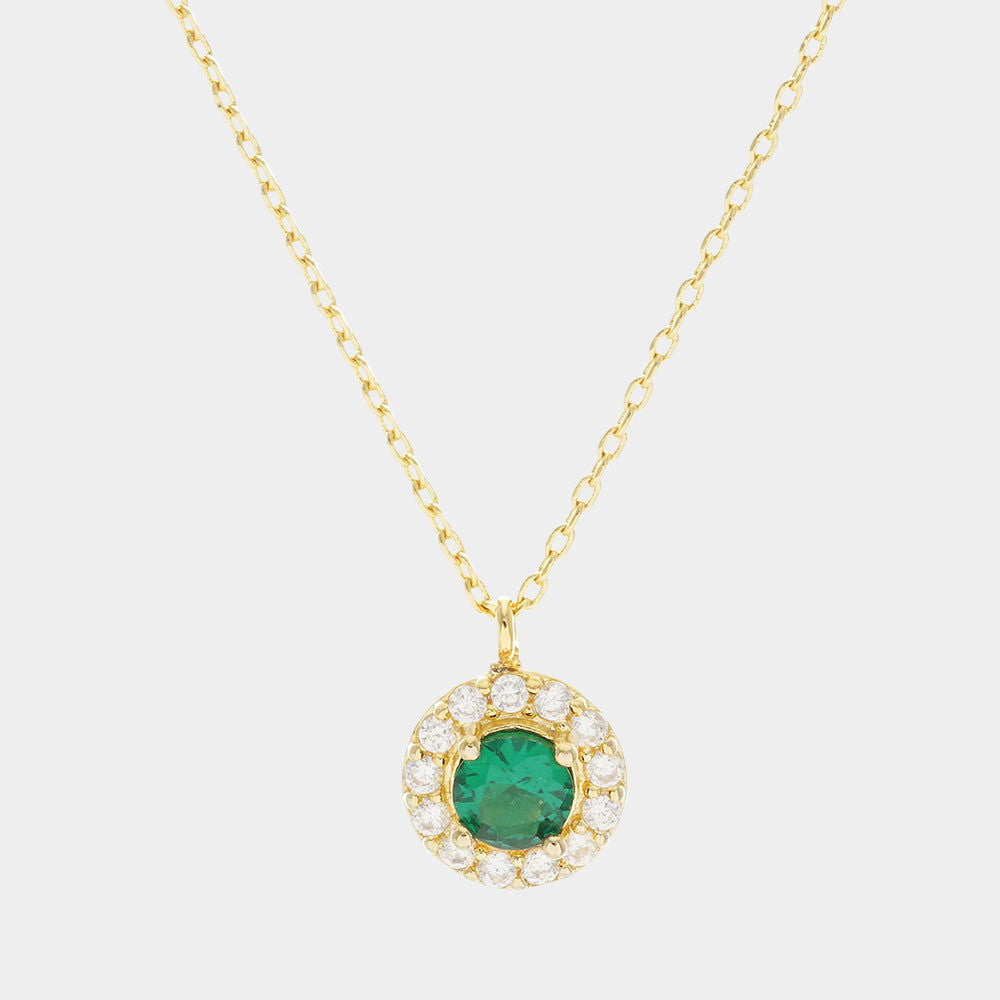 Emerald Green Gold Dipped CZ Round Pendant Necklace for Women - Elegant Cubic Zirconia Jewelry Gift for Birthday, Anniversary & Special Occasions