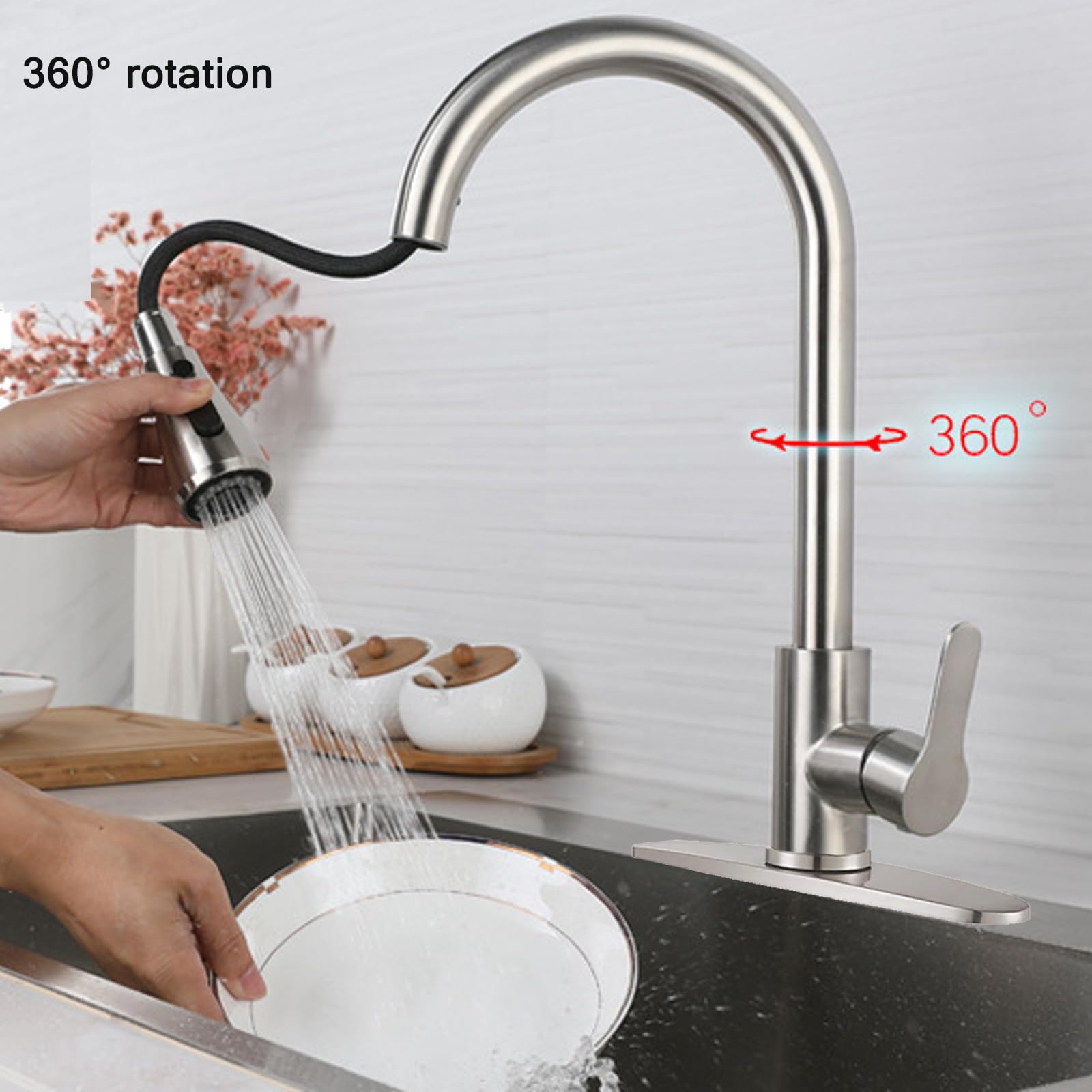 LKUWEE 360° Swivel Pullout Kitchen Faucet, Stainless Steel Brushed Nickel, Hot and Cold Water Tap with 2 Hoses, Ideal for Modern Home Kitchens