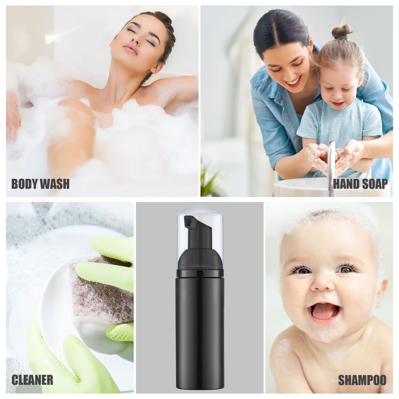 50PCS Black Foam Bottle with Pump - 2oz Empty Travel Foaming Dispensers for Hand Soap, Lash Shampoo | Perfect for Home, Salon & Travel Use
