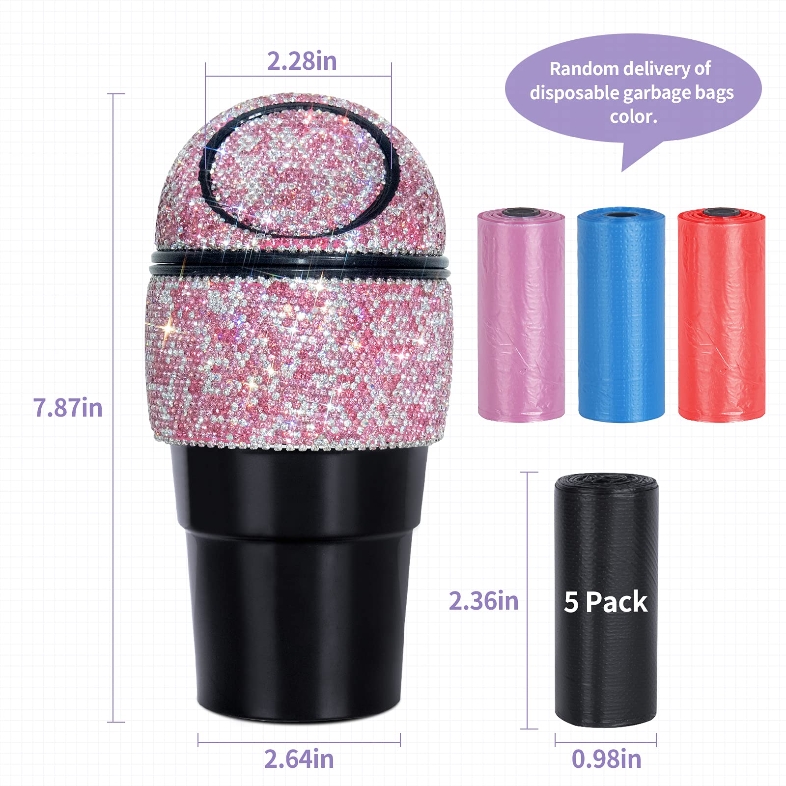 Bling Crystal Car Trash Can - Mini Auto Garbage Bin with Lid for Car, Office & Home - Pink Cup Holder Trash Can - Includes 5 Pack Disposable Bags - Perfect for Women's Cars, Road Trips & Workspaces
