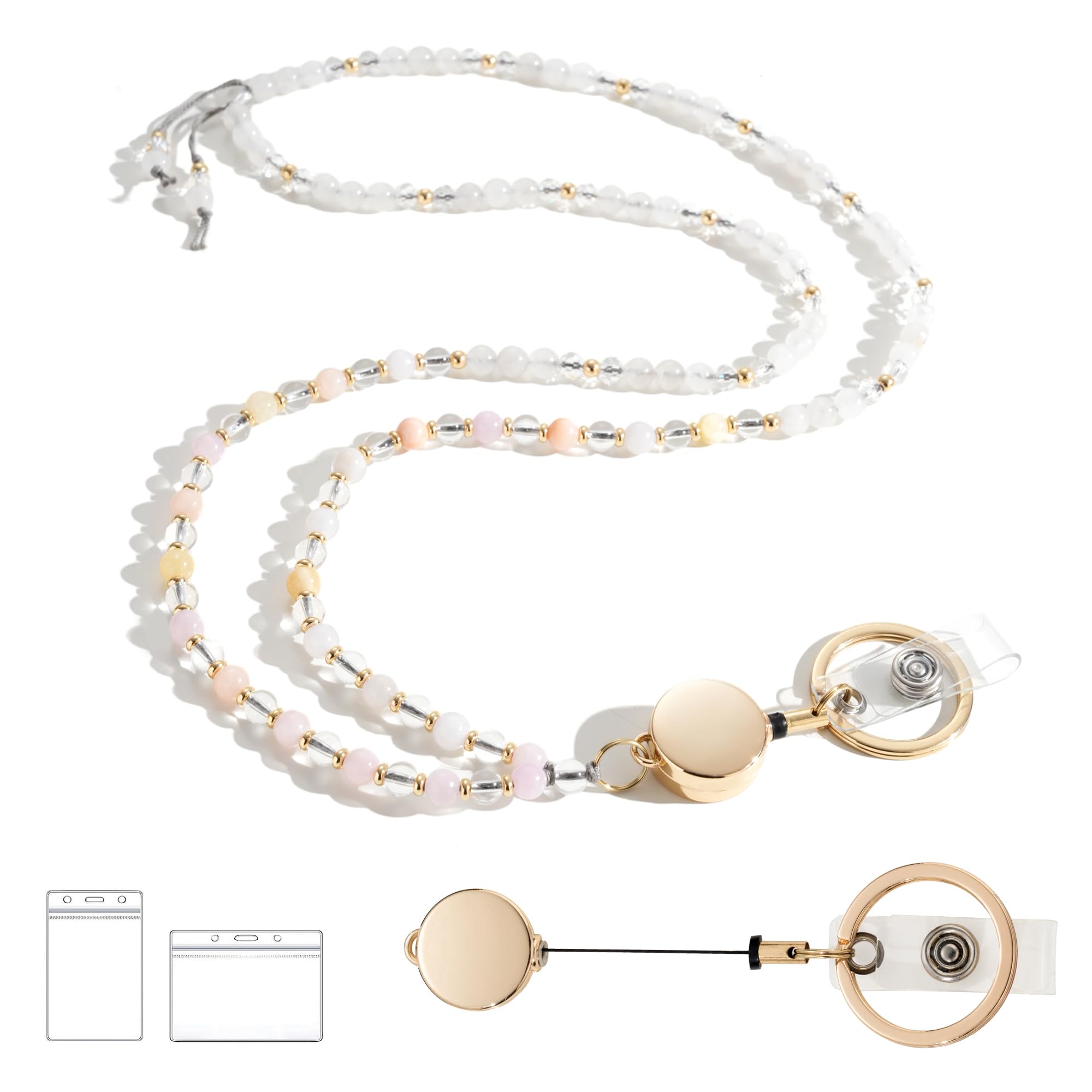 Retractable Beaded Lanyards for Women - ID Badges & Keys - Natural Stone & Morganite - Perfect for Teachers & Office Use