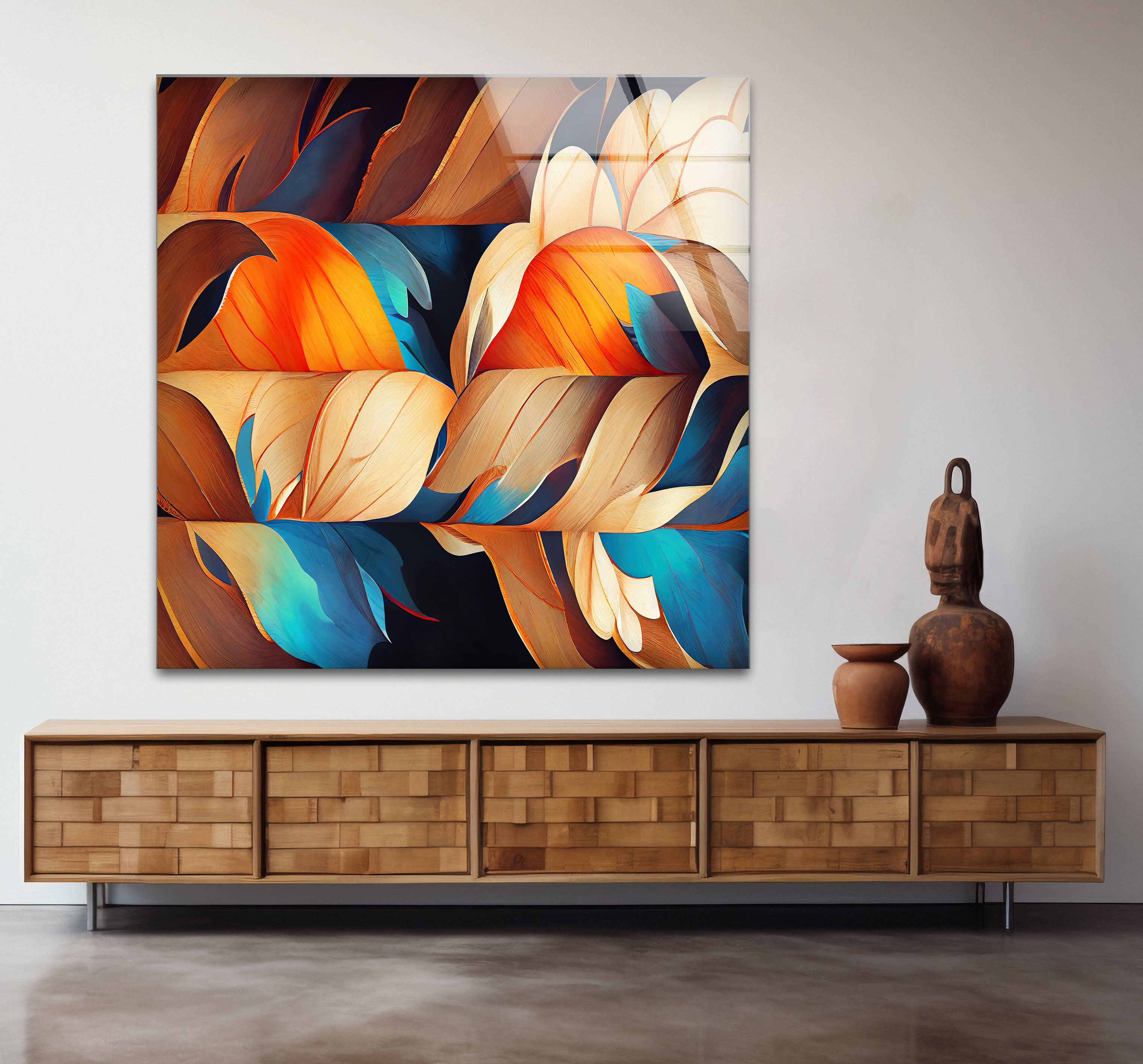 Abstract Feather Flow Glass Wall Art – Earthy Orange & Teal Nature Design Handmade Home Decor for Living Room, Bedroom & Office – Modern Nature-Inspired Wall Hangings