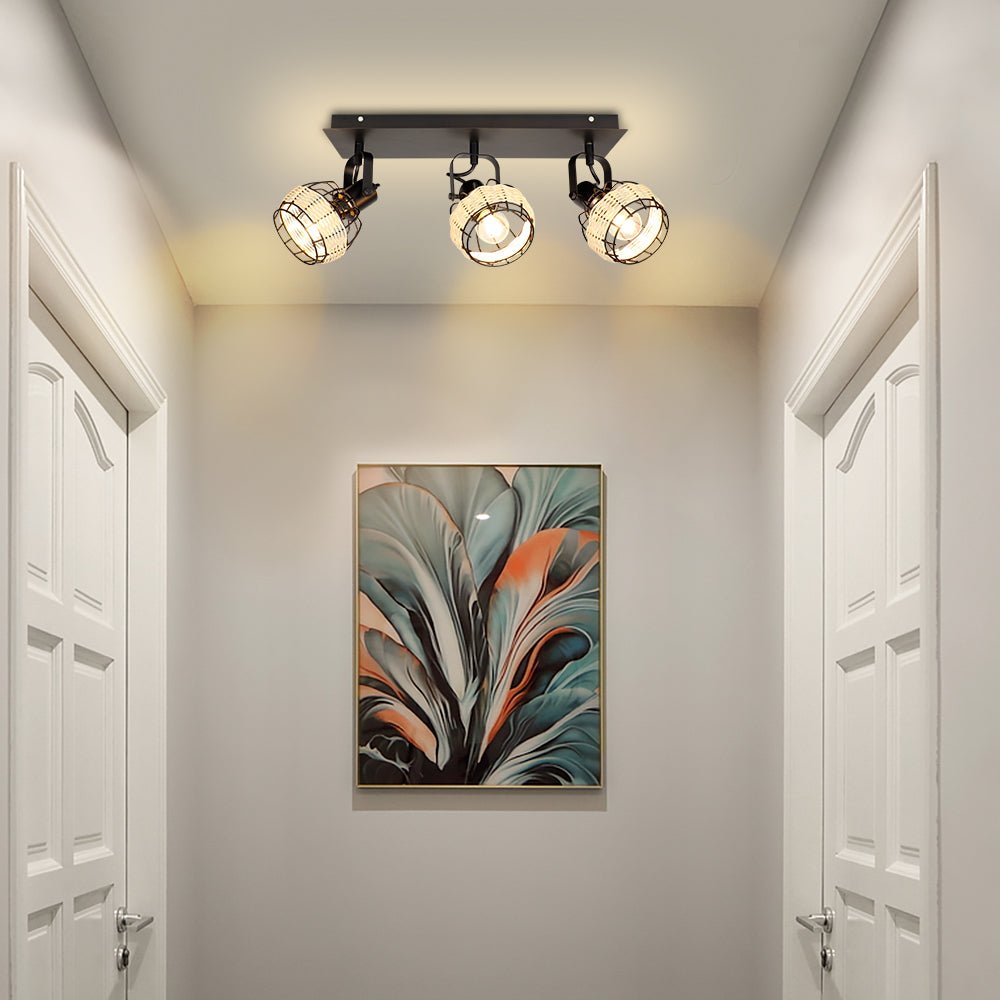 Depuley Rustic Metal and Rattan 3-Light Wall Sconce with Adjustable Direction Lampshades - Perfect for Farmhouse, Bedroom, Living Room, and Hallway Lighting