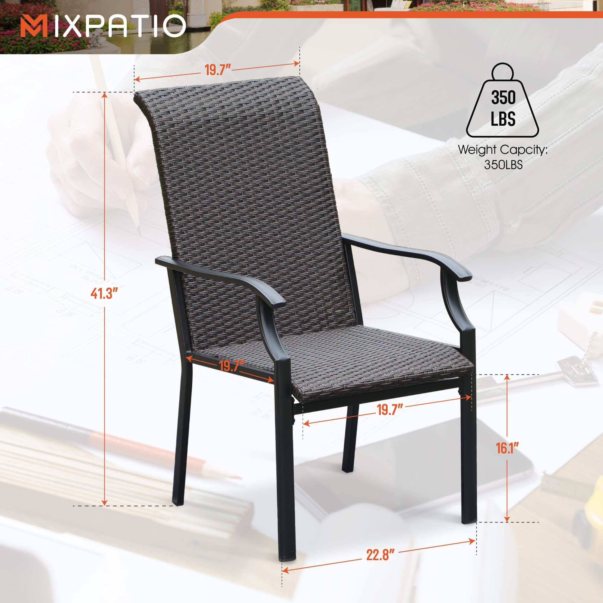2-Piece Patio Rattan Dining Chairs Set - High Back Wicker Outdoor Chairs with E-Coated Metal Frame (350lbs Capacity) for Garden, Yard, Lawn & Outdoor Entertaining
