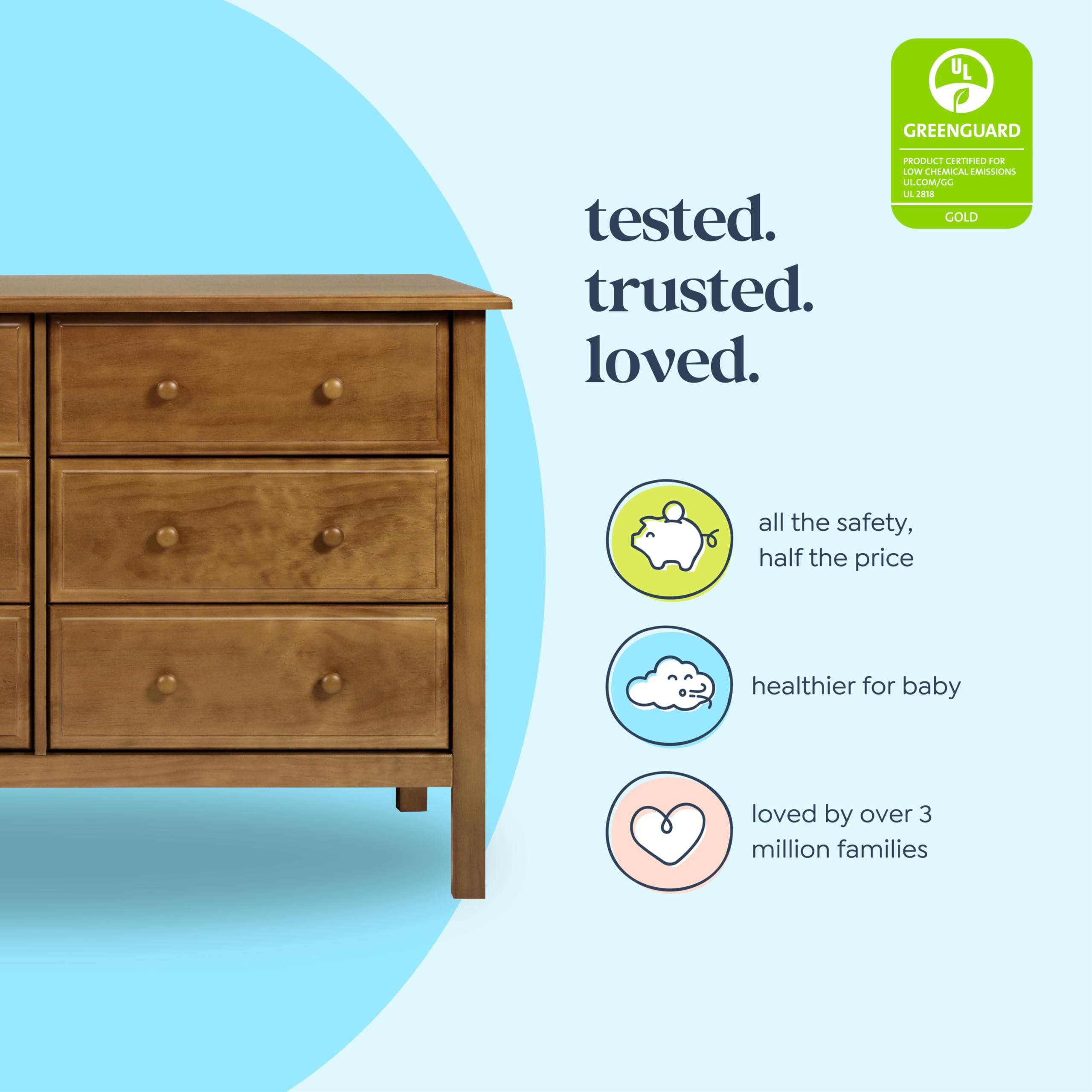 Davinci Jayden 6-Drawer Double Wide Chestnut Dresser - GREENGUARD Gold Certified for Low Chemical Emissions | Perfect for Bedroom, Nursery, or Dorm Organization & Storage