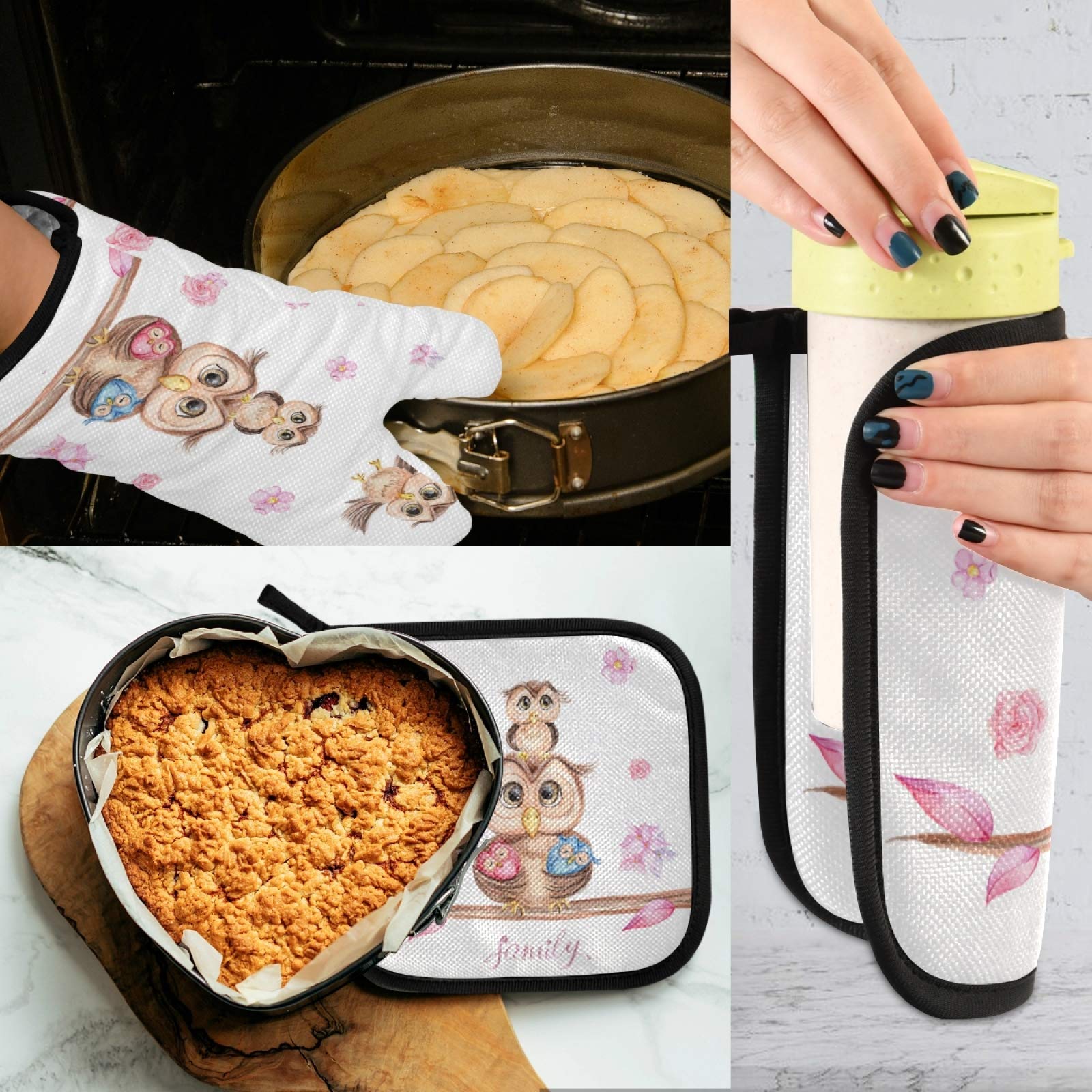 Exnundod Spring Owl Family Pot Holders & Oven Mitts Set - Floral Love Kitchen Mittens & Hot Pads for Cooking, Baking, BBQ, and Bakeware - Perfect for Home Kitchens and Outdoor Grilling