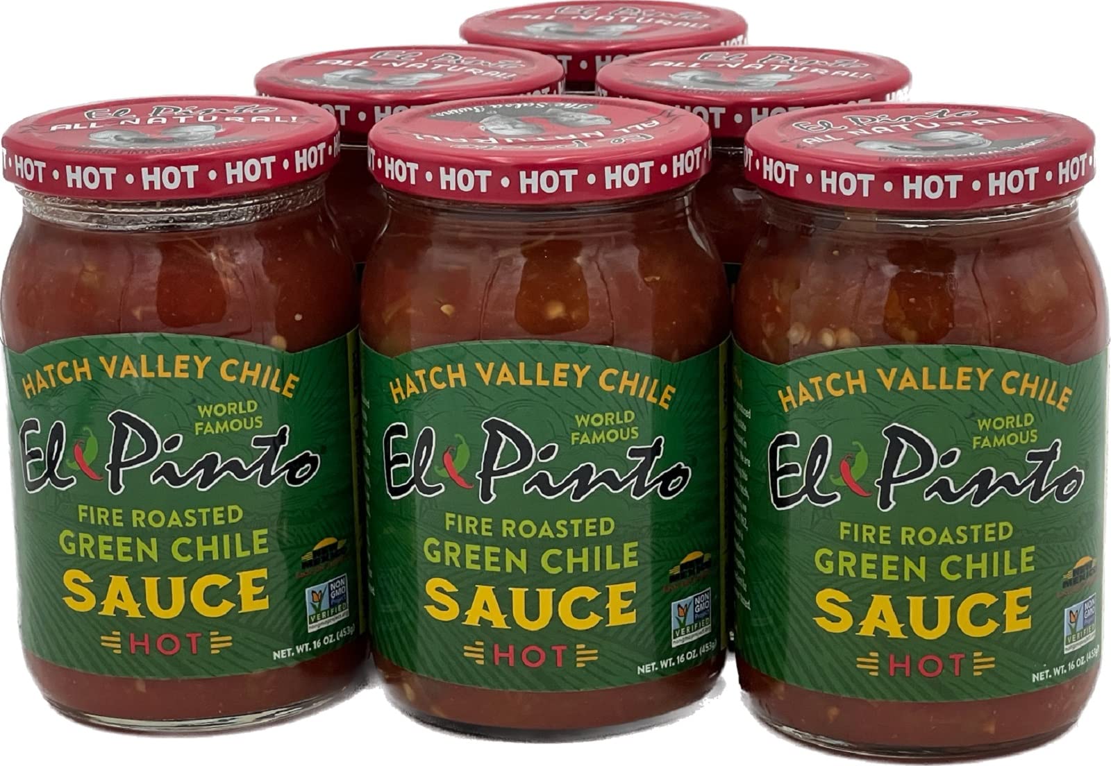 El Pinto All Natural Green Chile Hot Sauce - 16 Oz (Pack of 6) | Spicy New Mexican Style Salsa for Tacos, Burritos, Eggs & Grilling