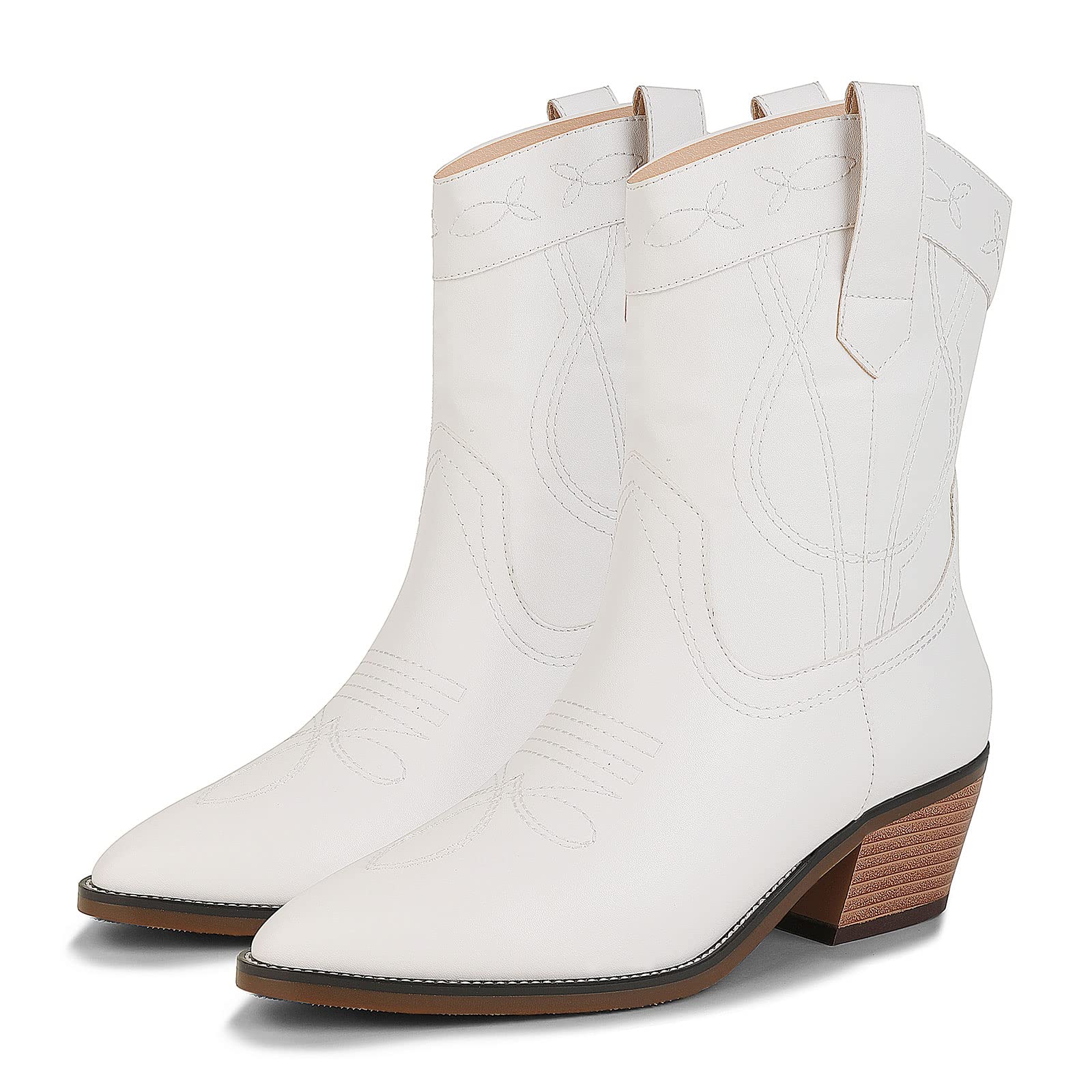**Easyfox Women's Embroidered Cowboy Boots - Square Toe Western Cowgirl Boots with Low Chunky Heel | Mid Calf Pull-On Boots for Country Dancing, Rodeo & Casual Wear**
