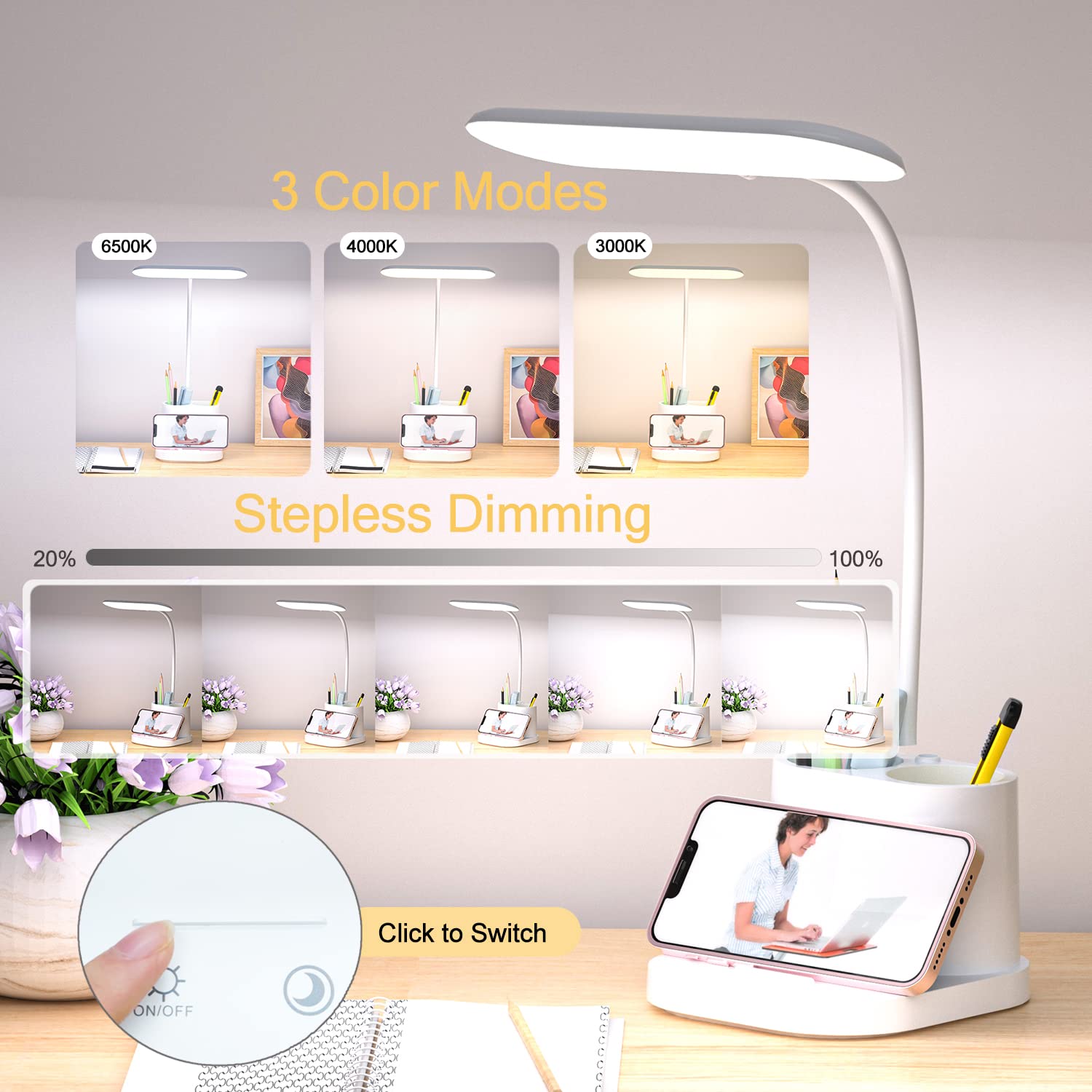 YOUKOYI Rechargeable LED Desk Lamp with Touch Control - Stepless Dimming, 3 Color Modes, Pen Holder & Night Light - Adjustable Gooseneck Study Lamp for Home Office, Reading, Dorm Room, and Bedside Use
