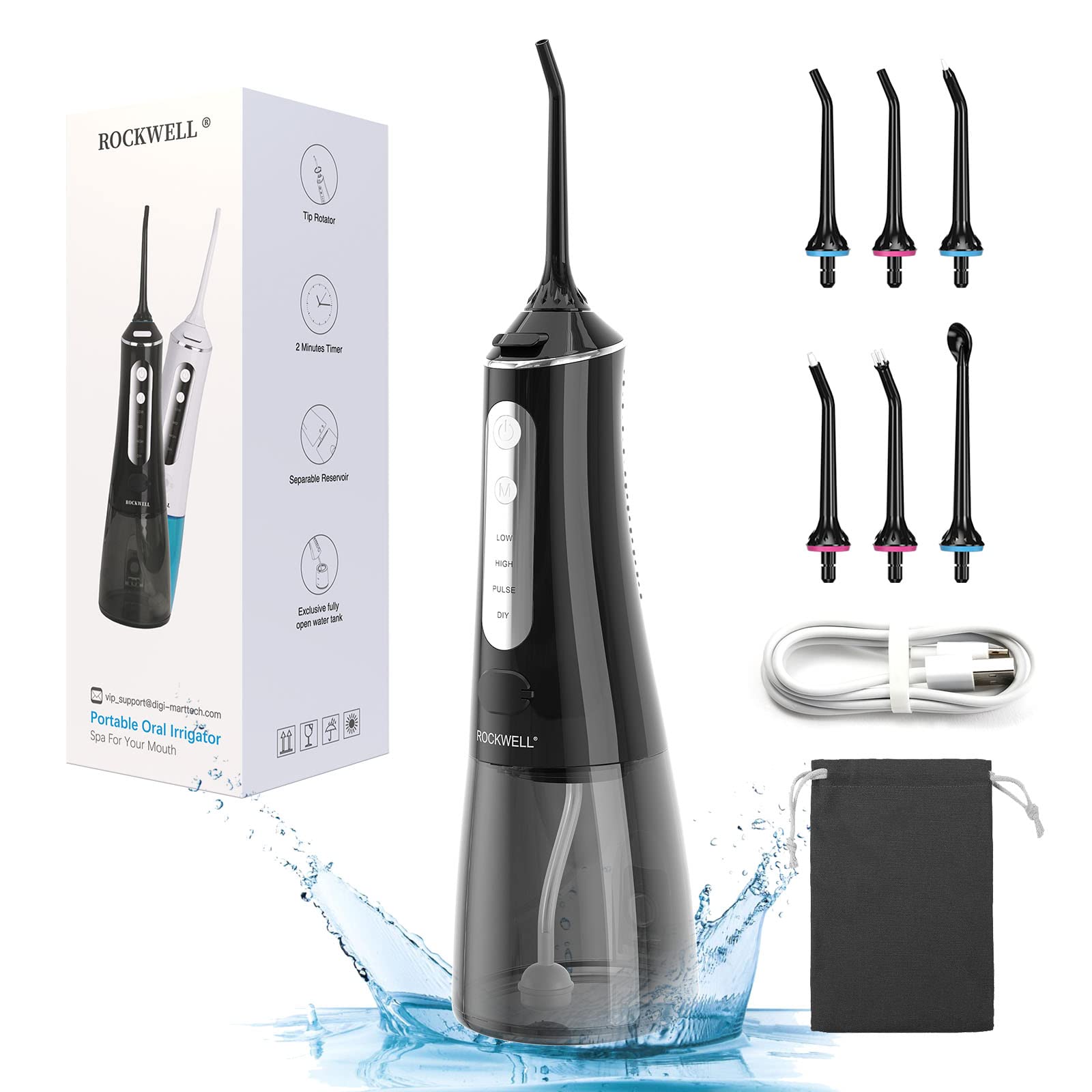 **Rockwell Cordless Water Flosser – 4 Modes Professional Dental Oral Irrigator with 6 Jet Tips & 300ML Water Tank, Rechargeable IPX8 Waterproof Teeth Cleaner for Braces, Gums & Deep Cleaning – Perfect for Travel & Home Use (Black)**