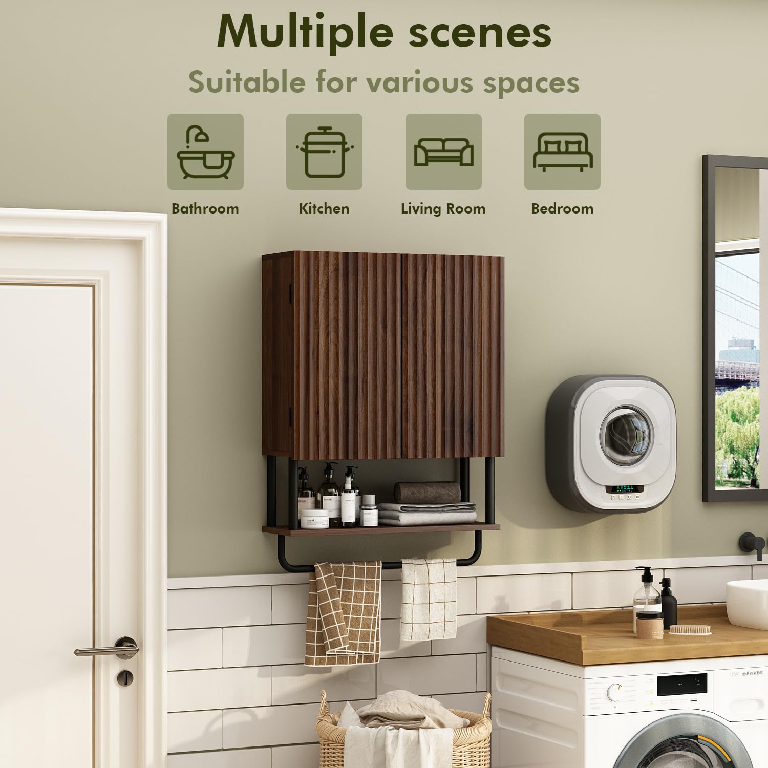 RUSTOWN 2-Door Fluted Bathroom Wall Cabinet with Adjustable Shelf & Towel Bar - 3-Tier Modern Farmhouse Medicine Cabinet for Over The Toilet Storage (Dark Walnut, Medium) - Perfect for Bathroom Organization & Small Space Storage Solutions