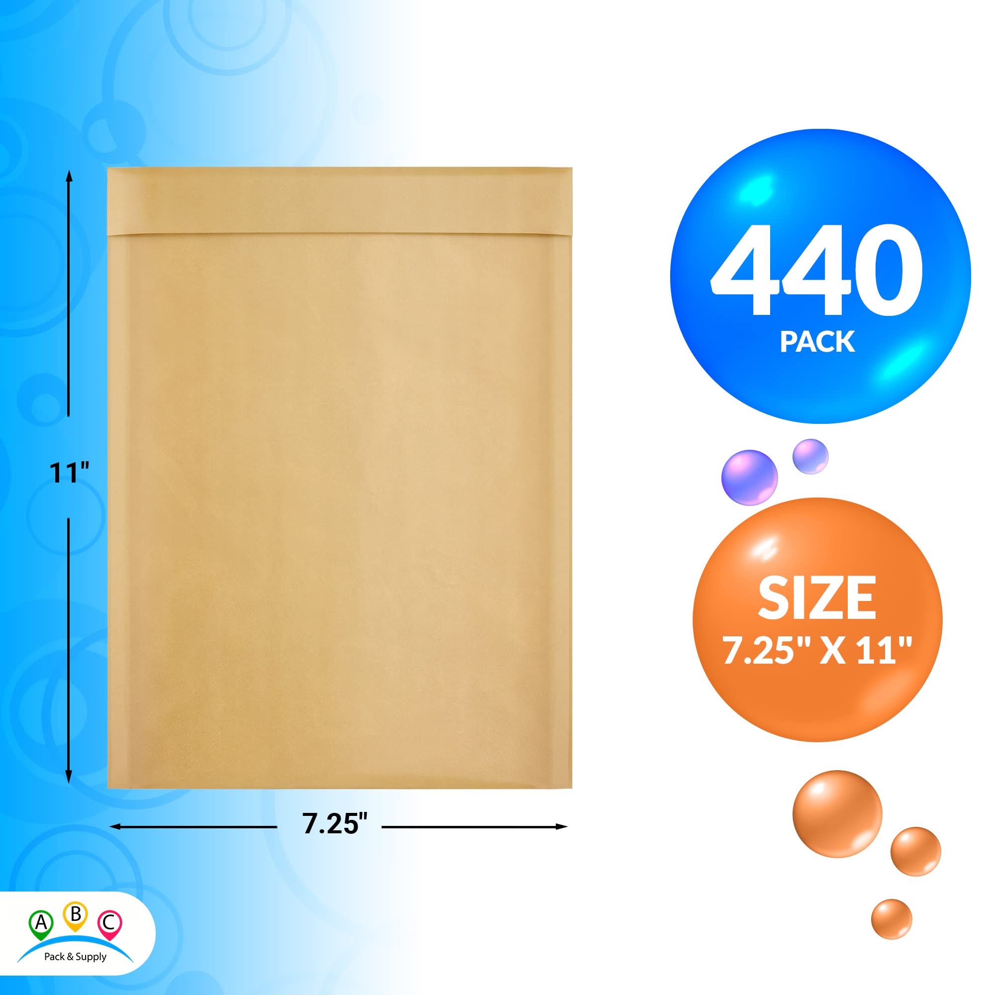 ABC PACK & SUPPLY 7.25 x 11 Inches Kraft Bubble Mailers - Pack of 440 Self-Seal Brown Padded Envelopes with Bubble Cushioning & Self-Adhesive Tape - Perfect for Shipping Small Items, Ecommerce Packages, and Online Store Deliveries
