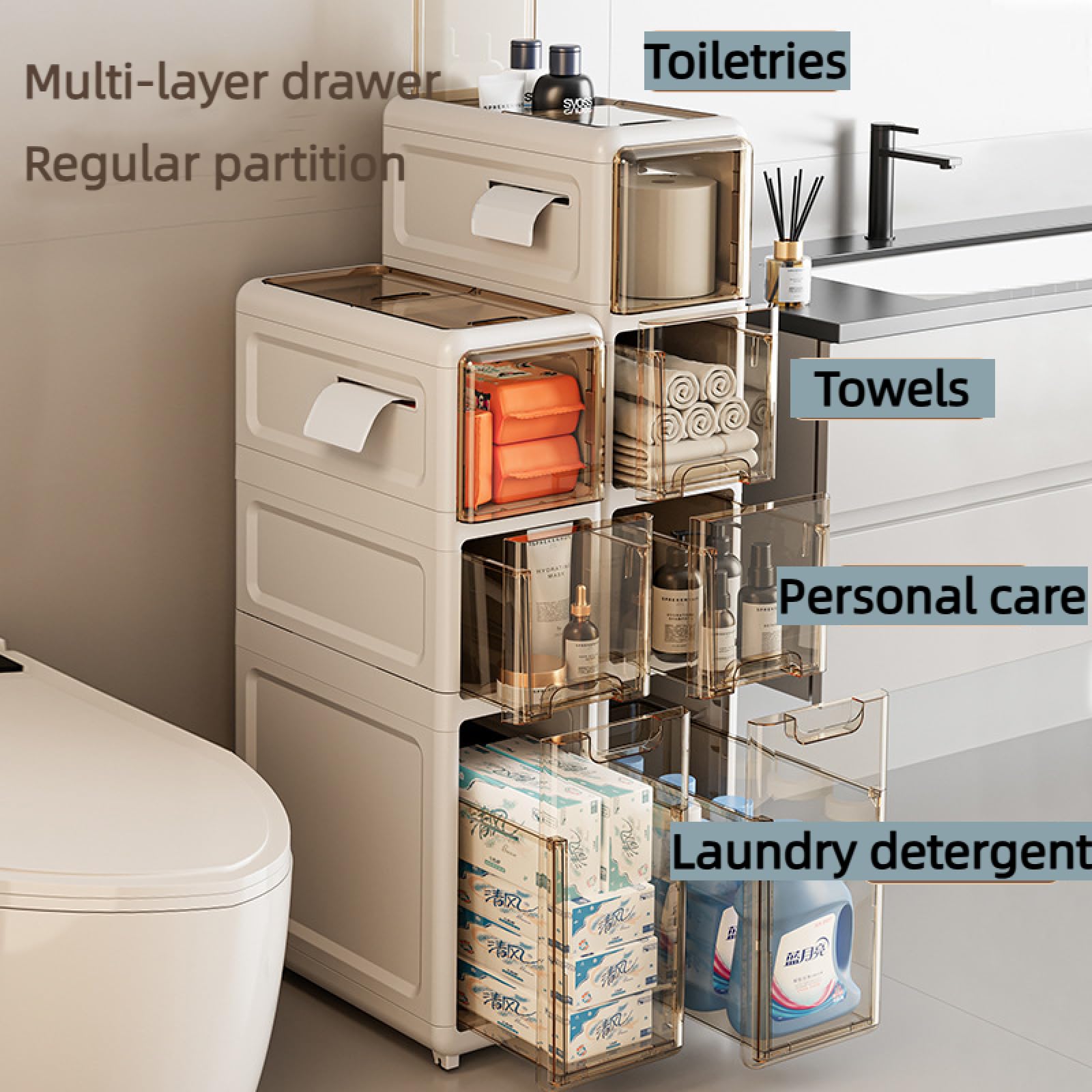 3-Tier Waterproof Toilet Storage Rack - Bathroom Gap Organizer with Wide Drawer for Toilet Side Space - Perfect for Small Bathroom Organization, Apartment Storage & Bath Essentials