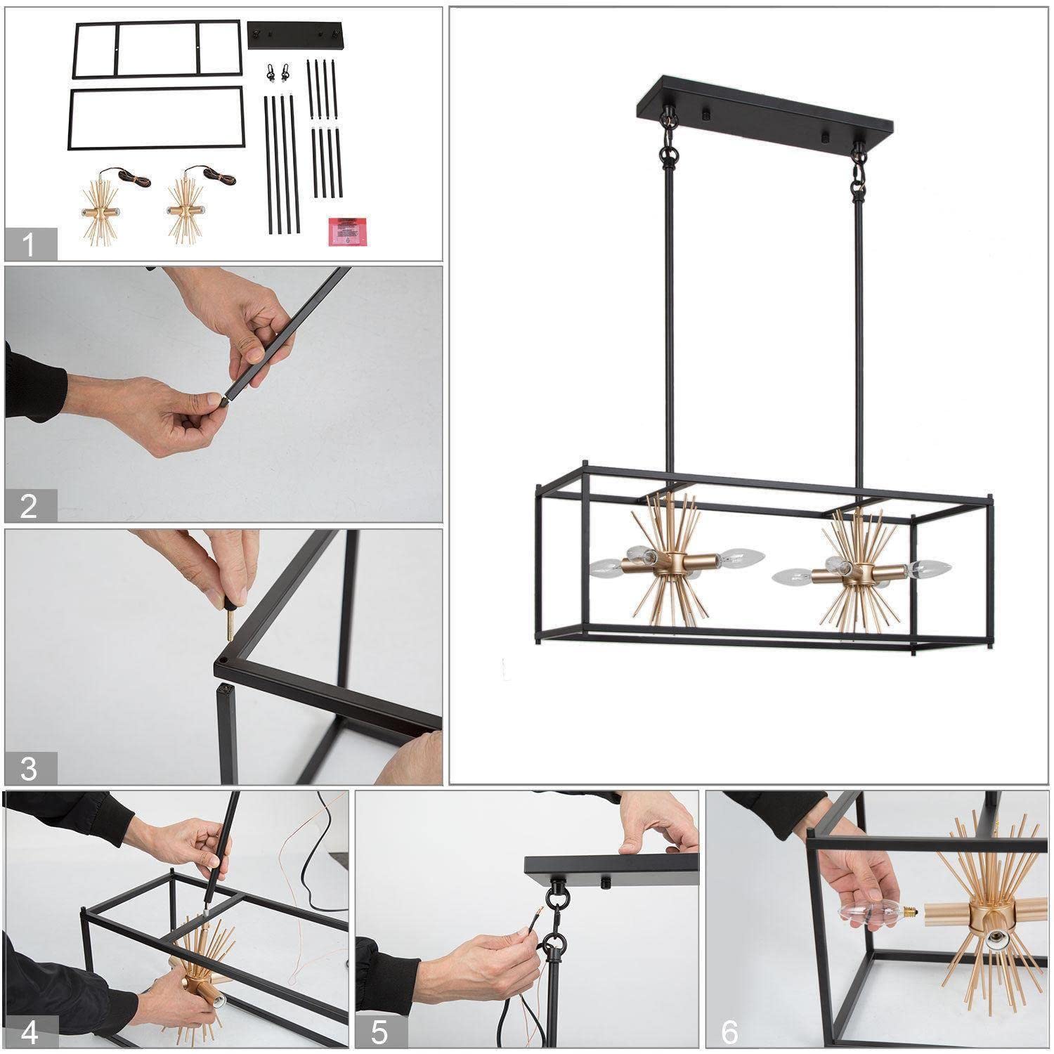 Uolfin Black Gold Chandelier - Modern Farmhouse 8-Light Rectangular Island Lighting Fixture for Kitchen, Dining Room & Living Room | Perfect for Rustic Home Decor, Open Concept Spaces & Luxury Interior Design