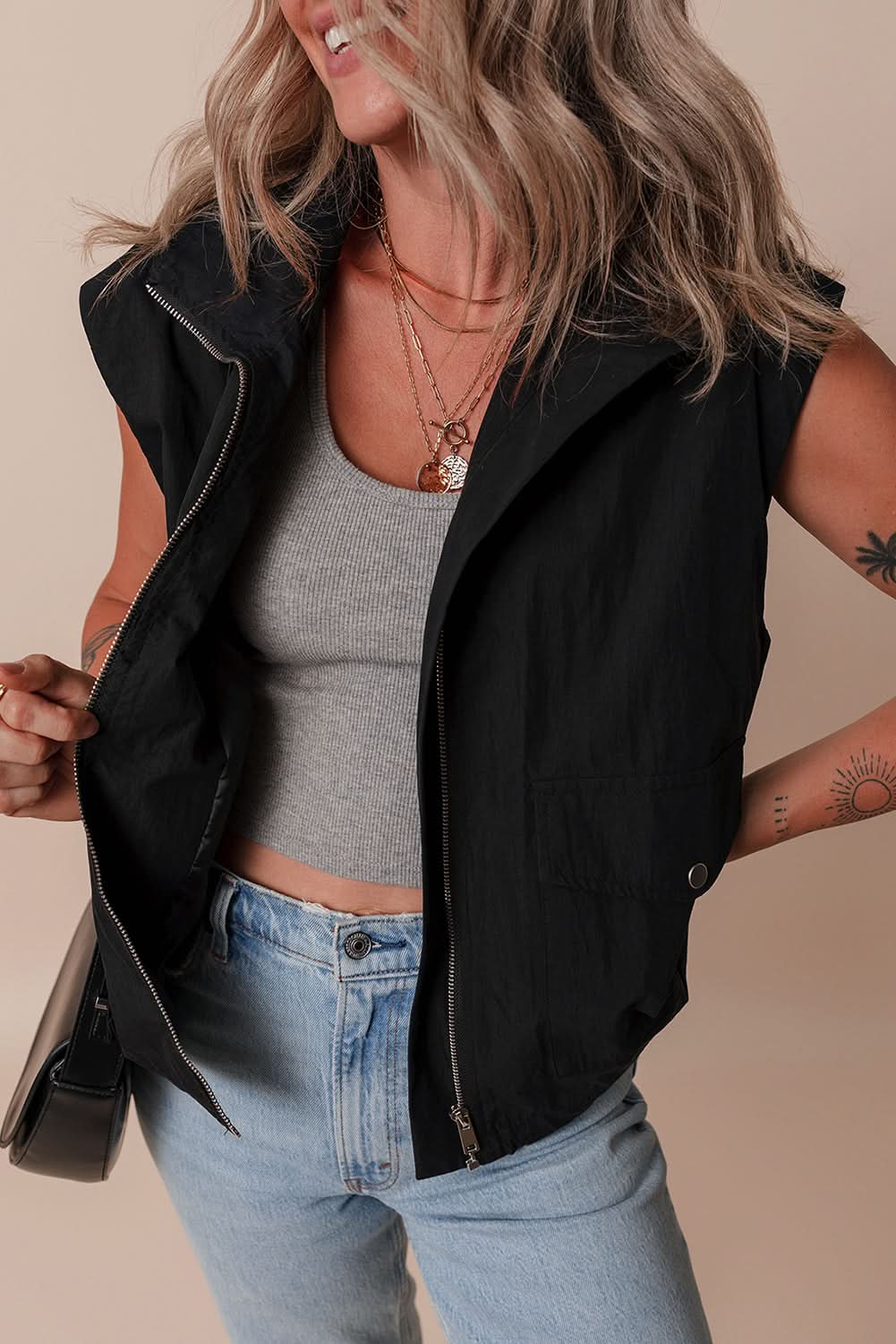Stylish Black Zip-Up High Neck Vest for Women - Fashionable Layering Piece for Fall & Winter Outfits | Perfect for Casual, Office & Outdoor Activities
