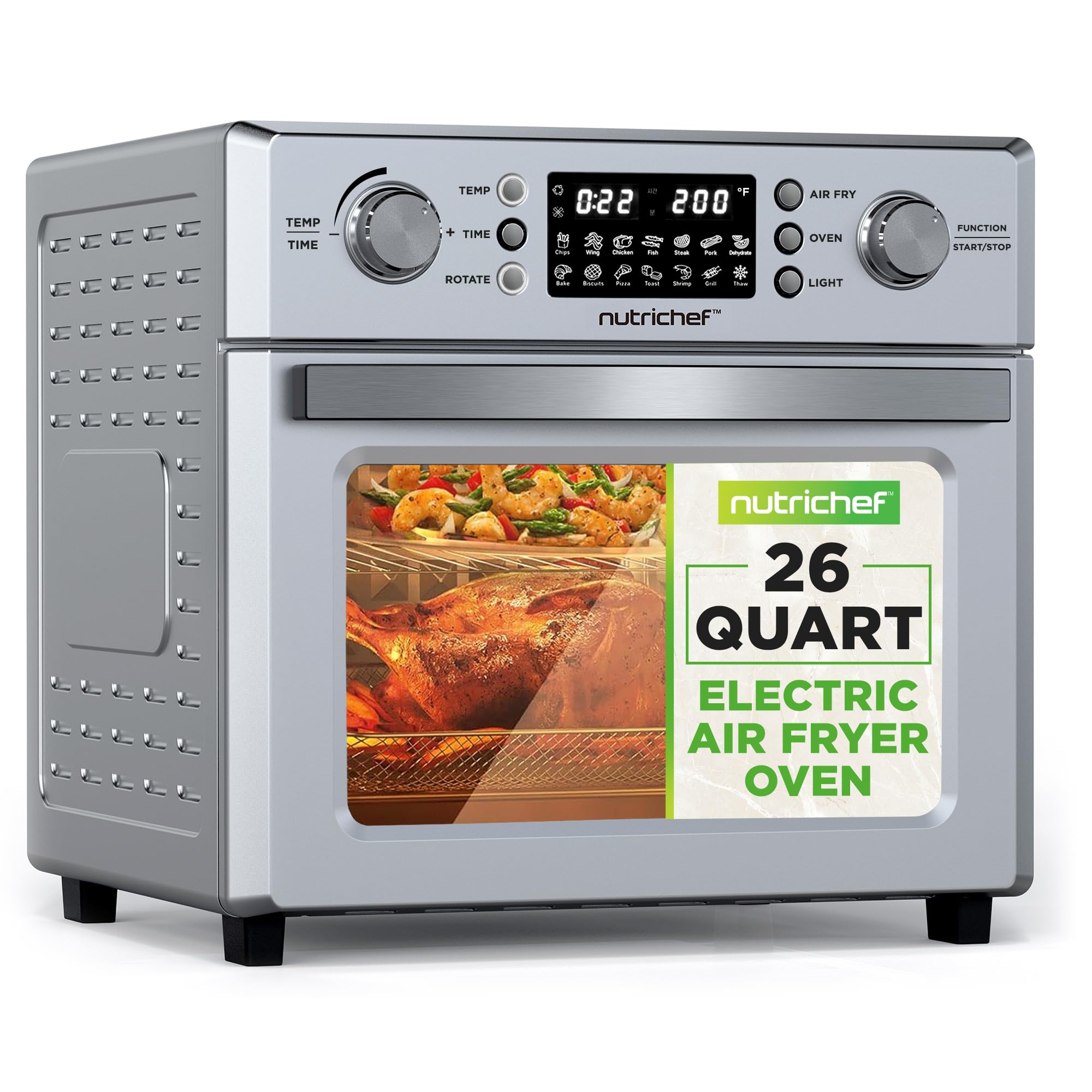 NutriChef 26L Electric Air Fryer Oven with Rotisserie - 1700W Countertop Air Fryer, 360° Rotating Feature, 10 Digital Presets - Includes Drip Tray, Basket & Bake Rack (15x16x14, Silver) - Perfect for Healthy Frying, Baking, Roasting & Family Meals