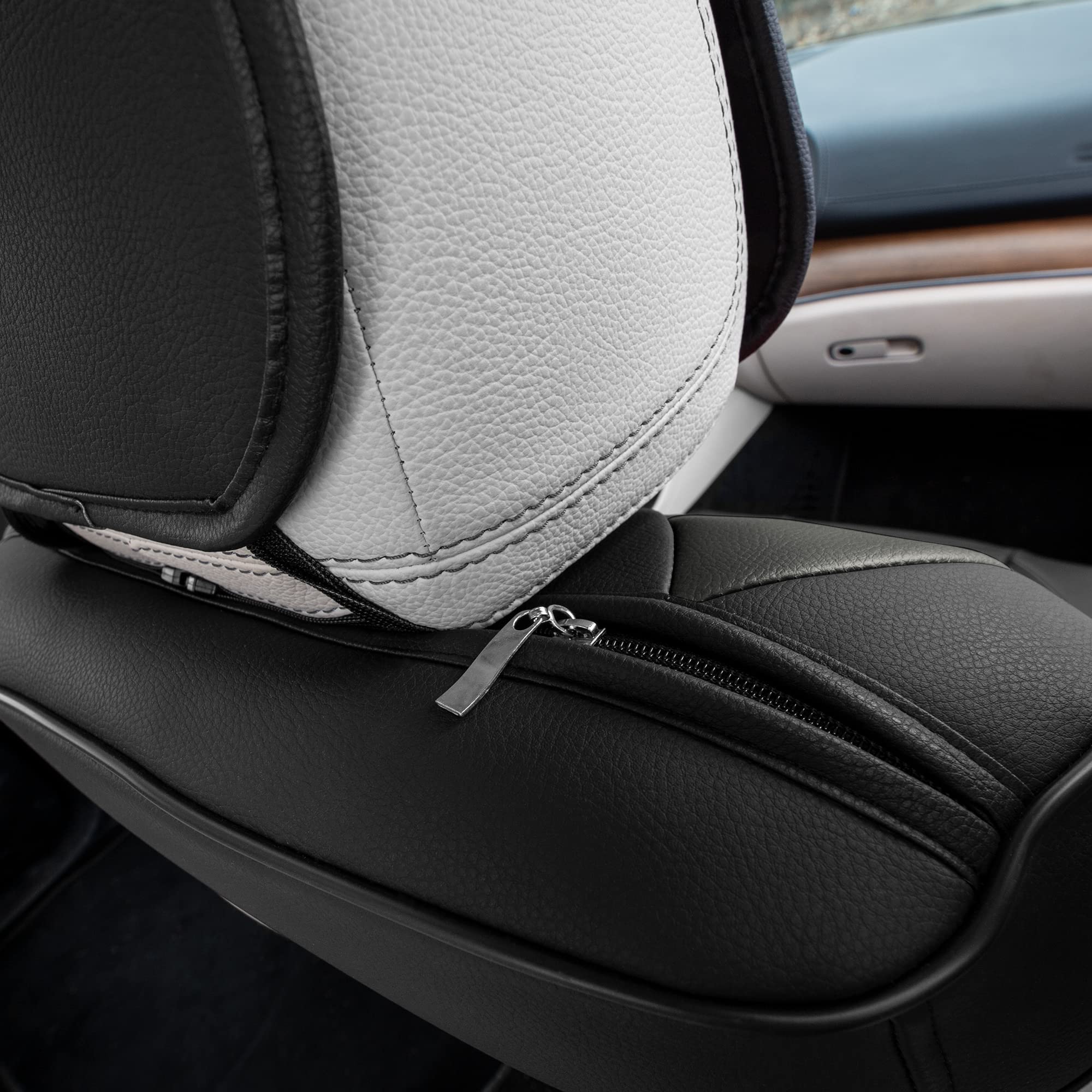 TLH Bionic70 Deluxe Faux Leather Gray Car Seat Covers with Contrast Stitching - 2 Pack Universal Fit Waterproof Seat Protectors for Cars, Trucks & SUVs | Front Set Car Seat Cushions for Comfort & Style | Perfect for Daily Commute, Road Trips & Vehicle Protection