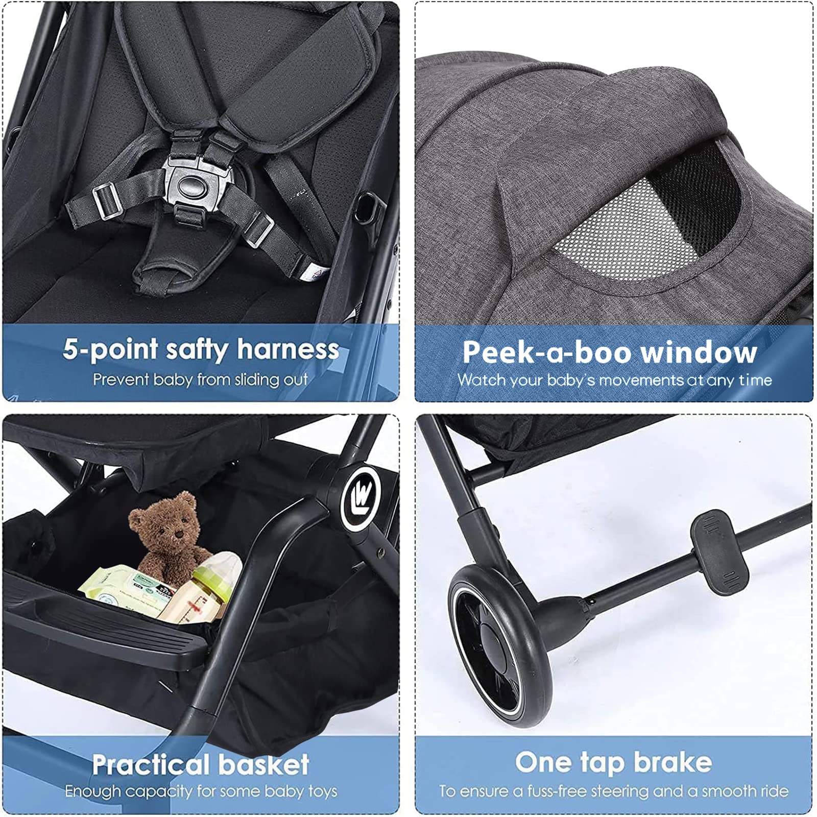 **Lightweight Compact Baby Stroller with Sleep Shade & Oversize Basket - One-Hand Foldable Travel Stroller for Airplane, Shopping, and Daily Use**