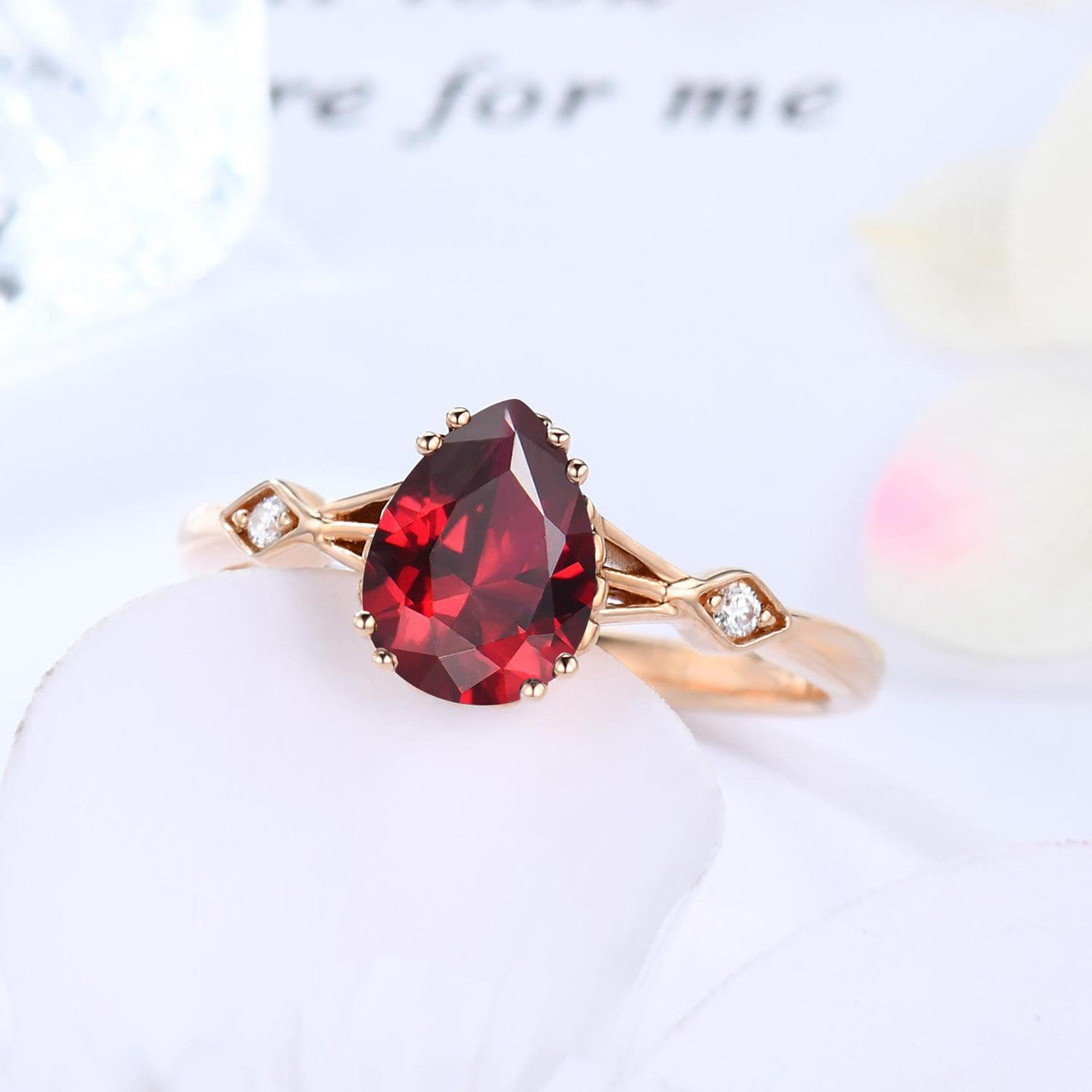 Vintage Dark Red Garnet Pear Cut Three Stone Diamond Engagement Ring in Rose Gold - Perfect for Wedding, Anniversary & Romantic Gift Giving