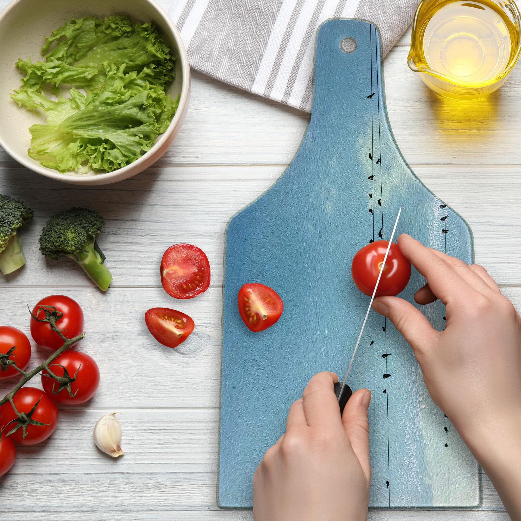 Ambesonne Decorative Tempered Glass Cutting Board - Swallows on Power Cord Spring Design, Wine Bottle Shape in Pale Blue, Black & White | Perfect for Serving Charcuterie, Cheese & Entertaining