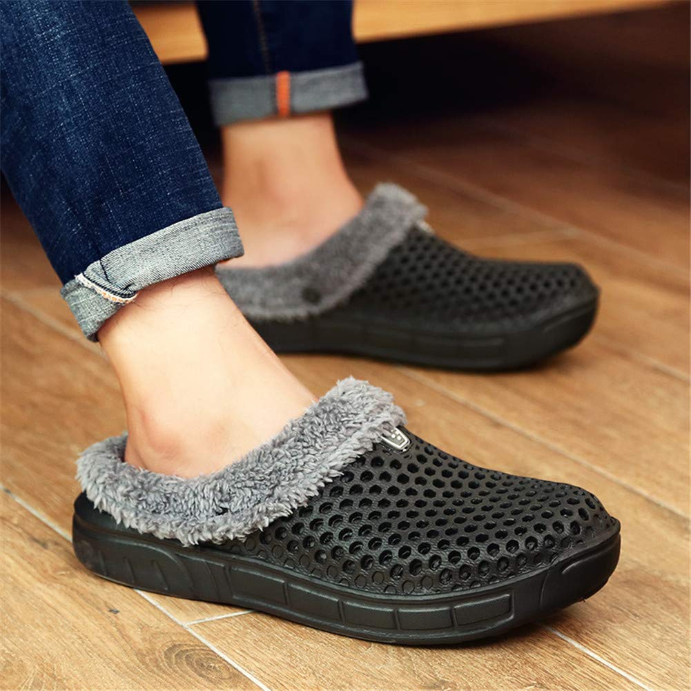 QISHENG Men's & Women's Fur-Lined Mules Clogs - Slip On Garden Shoes, Warm Winter Slippers with Non-Slip Sole - Perfect for Indoor/Outdoor Use at Home, Yard, Beach & Poolside (Black)