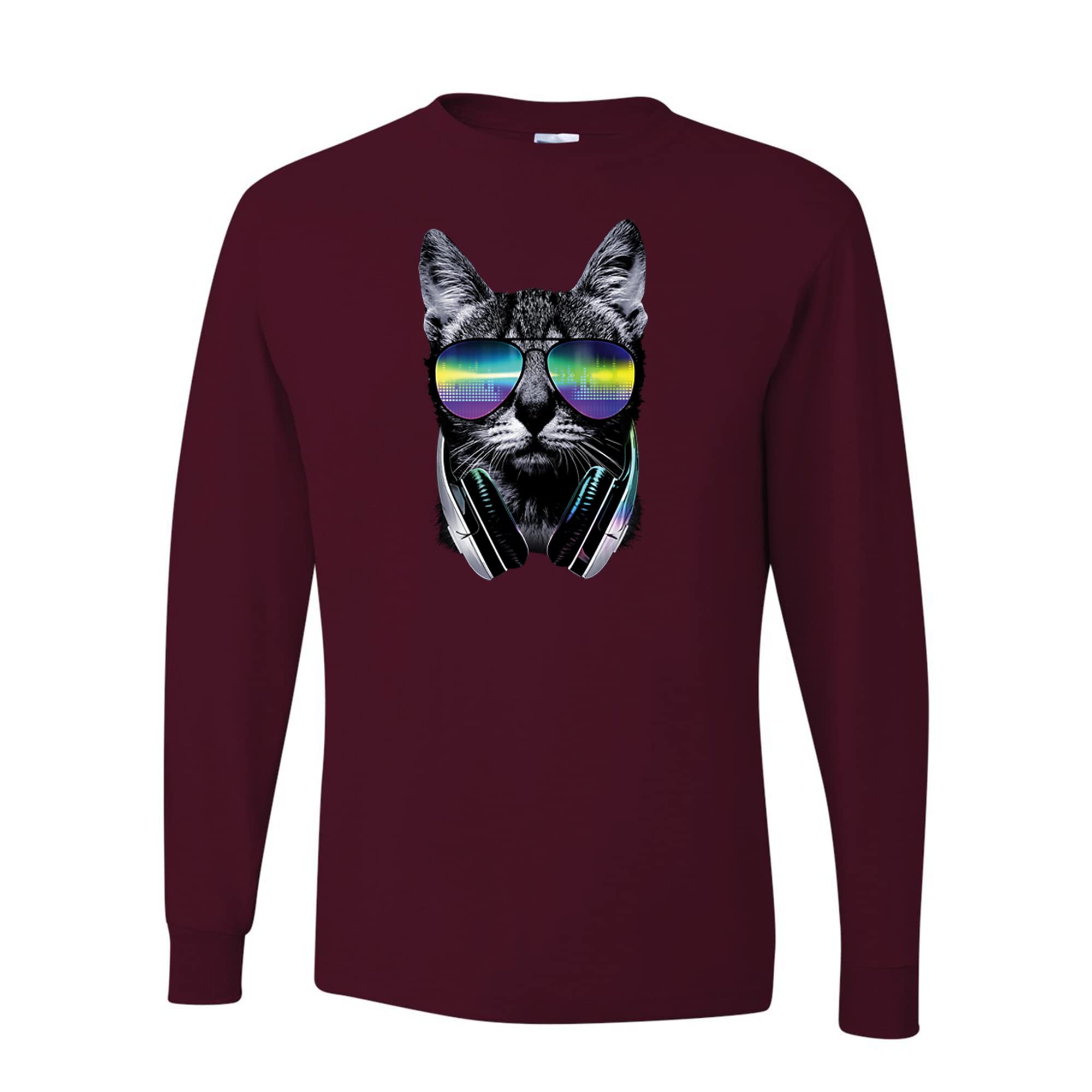DJ Cat Kitty with Headphones Graphic - Funny Cat Lovers T-Shirt for Men, Long Sleeve Cotton Tee - Perfect Gift for Music & Cat Enthusiasts, Casual Wear & Gifts