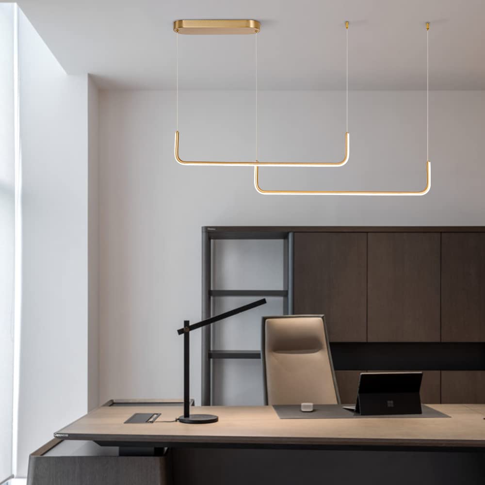Modern Linear Pendant Light Fixture - 2-Light LED Dimmable Chandelier in Brass Finish for Kitchen Island, Dining Room, Living Room & Bar | Energy-Efficient Lighting for Modern Home Decor