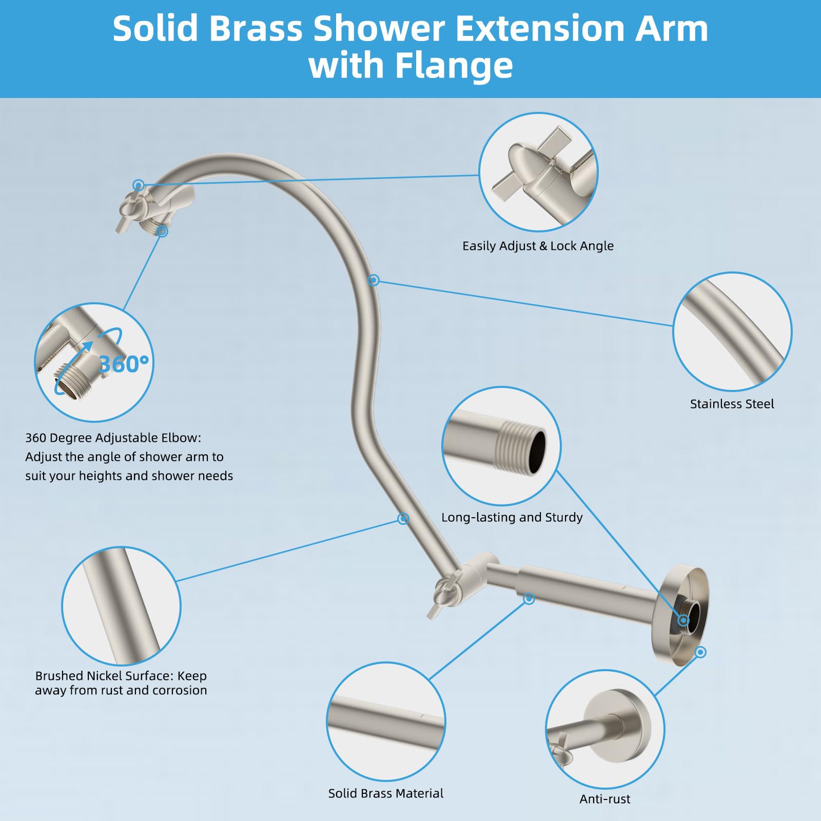 Hibbent All Metal Upgraded 18-Inch Shower Head Extension Arm - Adjustable Height & Angle with Lock Joint - Universal Brass Shower Arm with Flange - Brushed Nickel Finish - Perfect for Bathroom Renovation & Spa-Like Shower Experience