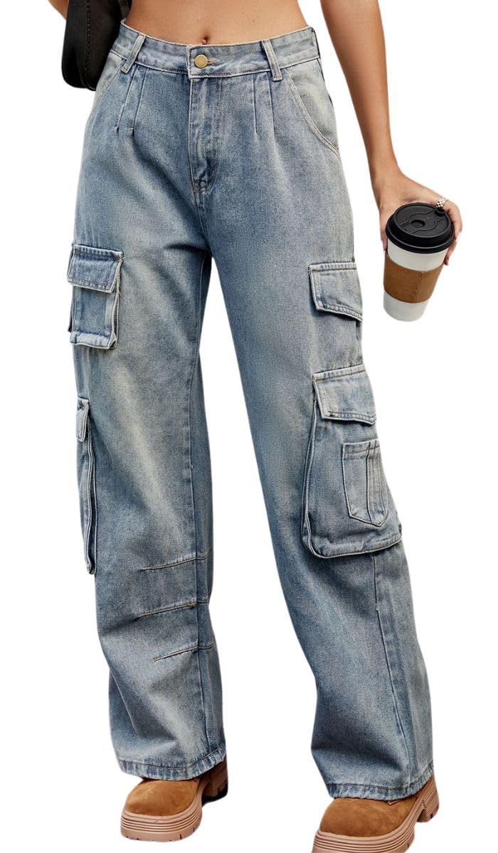 Women's High Waisted Denim Cargo Pants - Y2K Baggy Jeans with Multiple Pockets | Wide Leg Casual Loose Trousers for Streetwear & Everyday Outfits