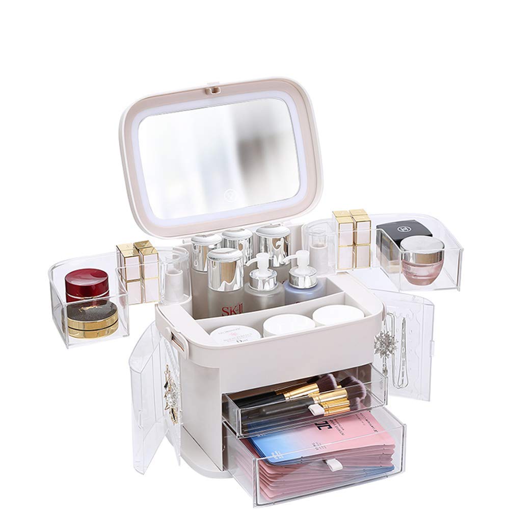 XDJ Makeup Organizer with LED Lighted Mirror - 2 Drawer Modern Jewelry & Cosmetic Storage Display Box for Bathroom, Dresser, Countertop - Perfect for Vanity, Bedroom & Gift Giving (White)
