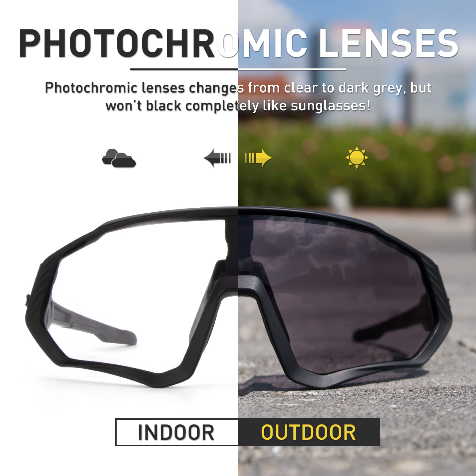 KAPVOE Photochromic Cycling Glasses for Men & Women - UV Protection MTB Sunglasses with Clear Lens for Mountain Bike Riding - Perfect for Road Cycling, Commuting & Outdoor Sports