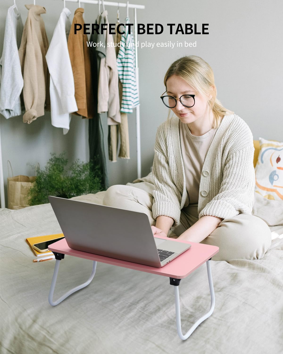 Foldable Lap Desk for Laptop & Tablet - Portable Lightweight Bed Tray for Breakfast, Reading & Work - Pink Sofa Couch Floor Desk for Home Office & Dorm Use