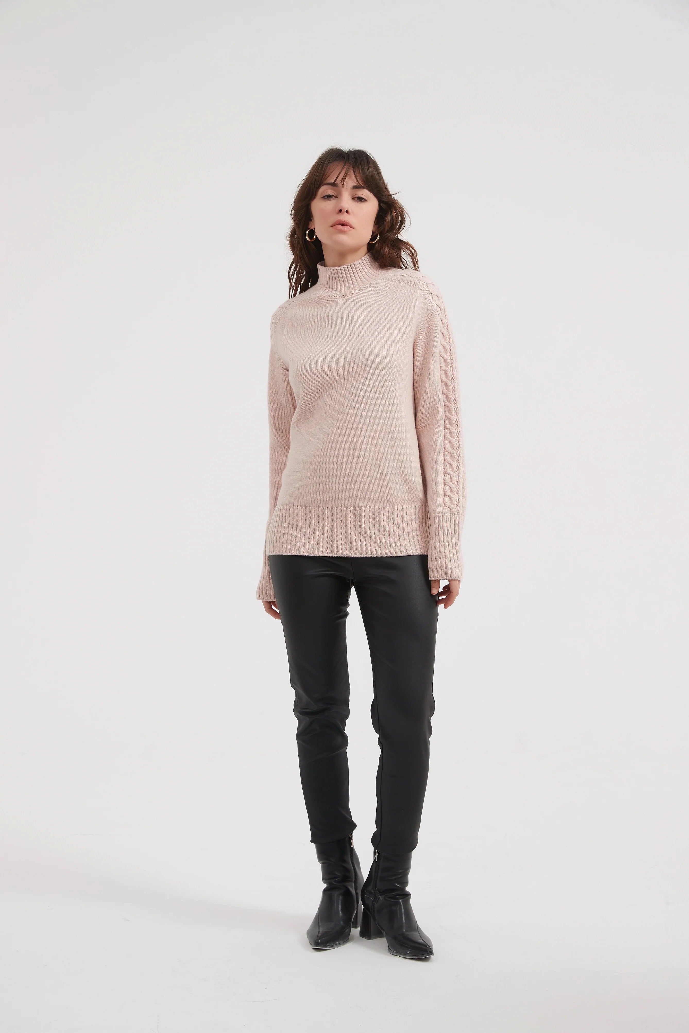 Champagne Knit Cable Sleeve Sweater - Elegant & Cozy Women's Pullover for Fall & Winter | Perfect for Office, Dates & Casual Outings