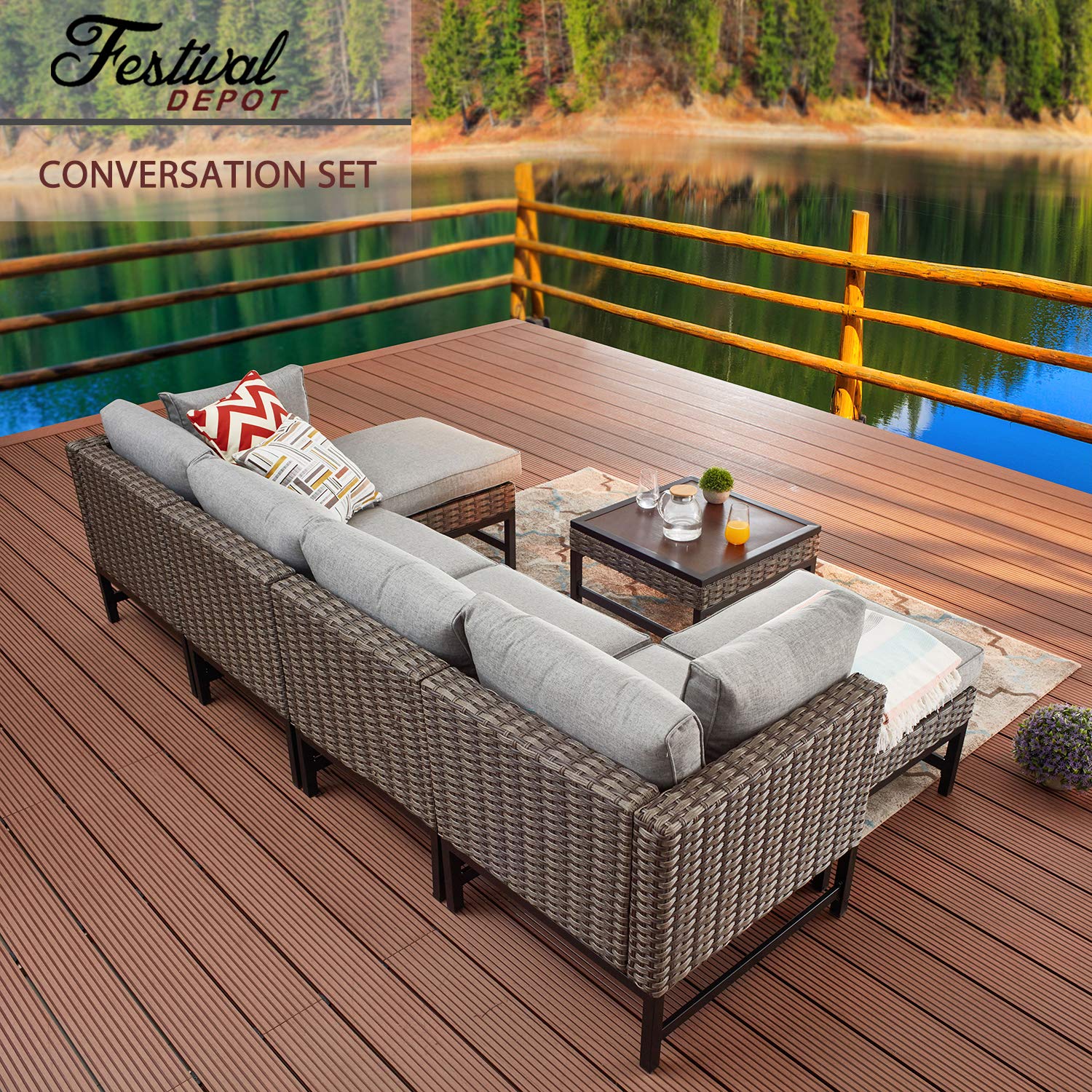 7-Piece Patio Outdoor Furniture Set - Wicker Sectional Sofa with Chairs, Ottoman, Coffee Table & Soft Cushions (Grey) - Perfect for Garden, Poolside & Backyard Relaxation
