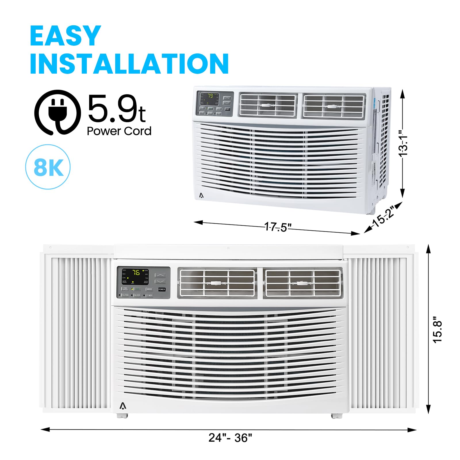 8000 BTU Window Air Conditioner - Fast Cooling for 350 Sq.Ft Rooms, Wi-Fi Enabled Smart AC Unit with Remote Control, 3 Cooling Modes & Adjustable Fan Speeds, 115V Compact Air Conditioner for Bedroom, Office or Living Room - Perfect for Summer Cooling & Dehumidification