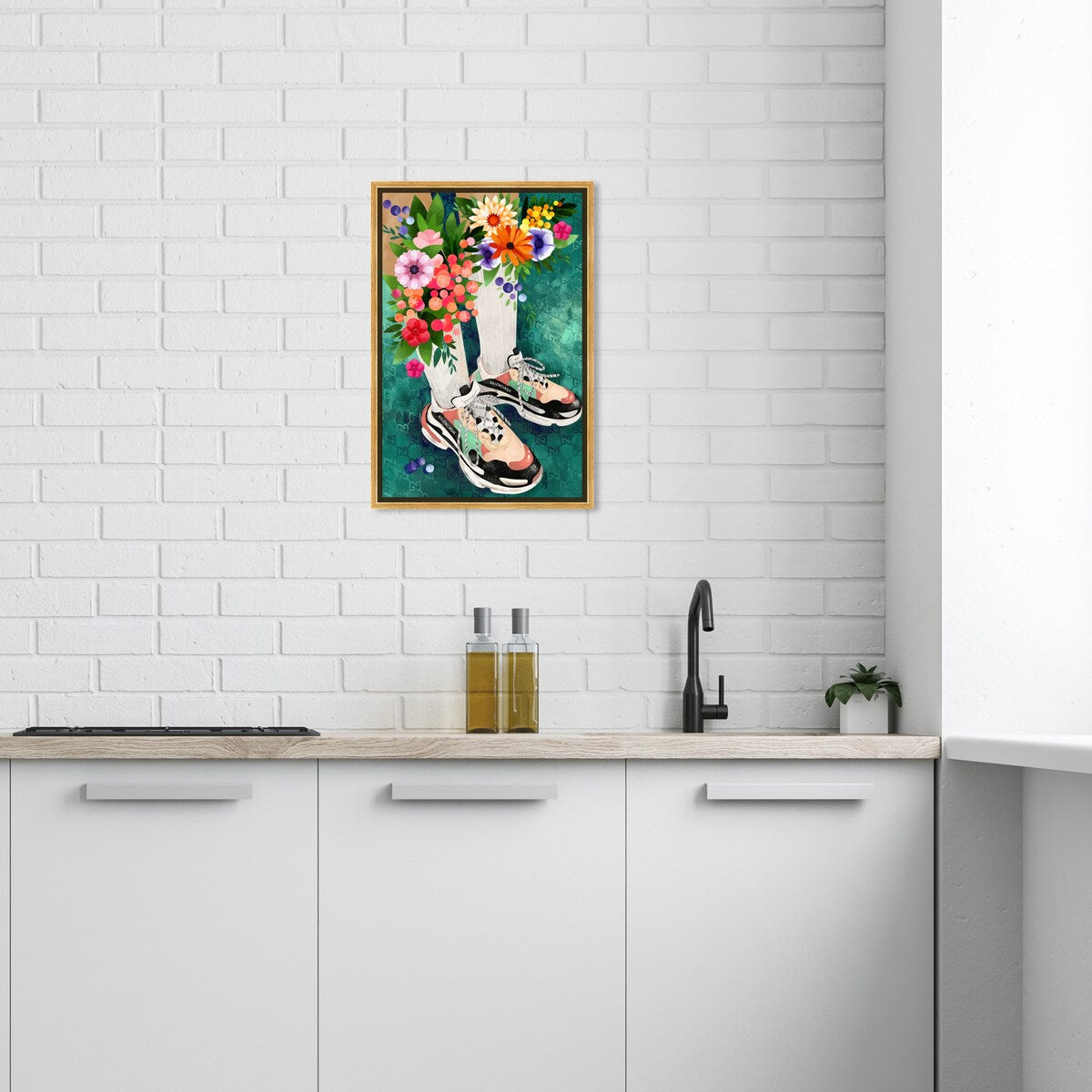 Stylish Floral Sneakers & Socks Set with Modern Green Framed Canvas Wall Art - Perfect for Bedroom Decor and Fashion Outfits | Home & Fashion Combo