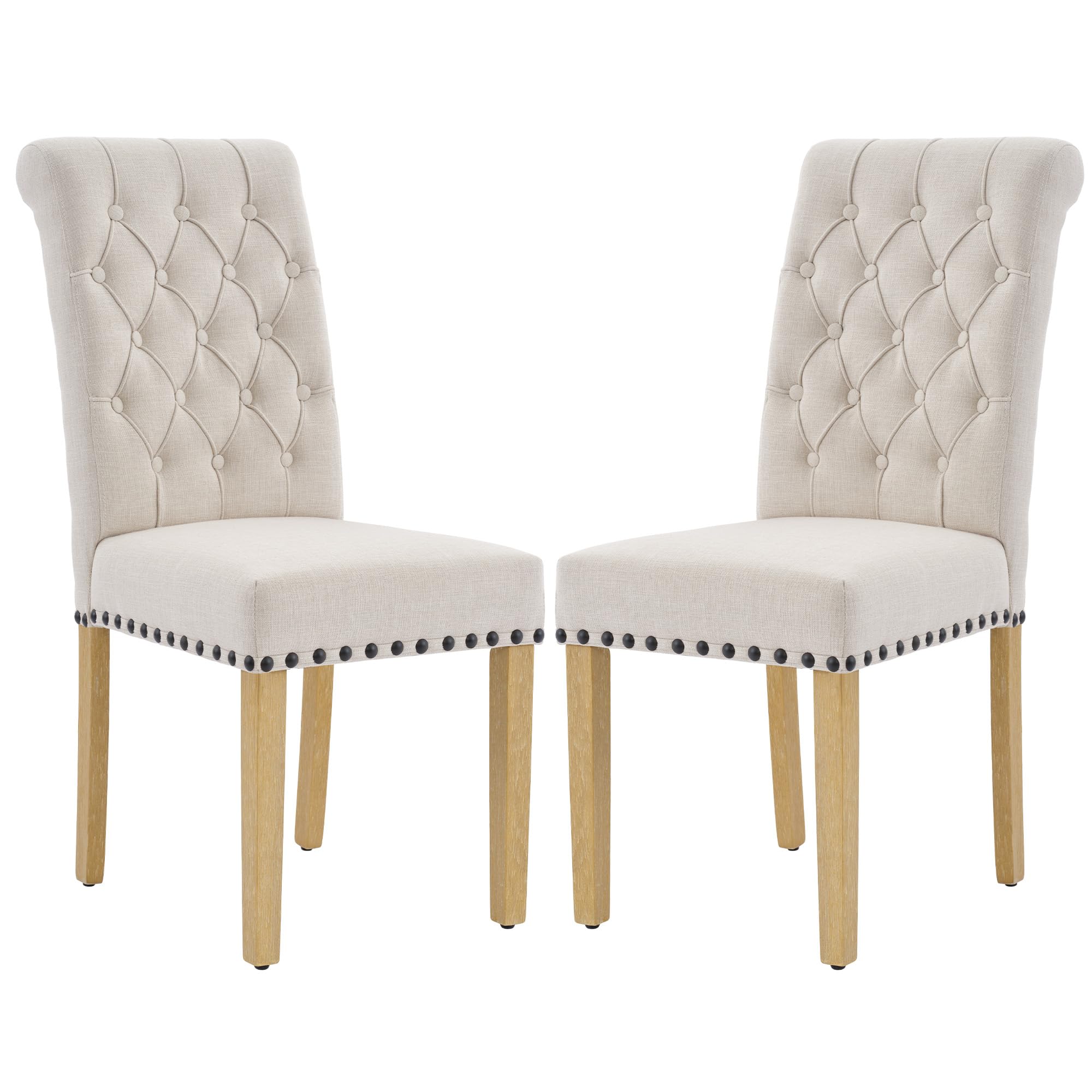 Modern Linen Fabric Dining Chairs Set of 2 - Elegant Parson Chairs with Nailhead Trim & Button Tufting, Solid Wood Legs for Dining Room & Living Room - Beige Home Decor for Elegant Entertaining & Cozy Family Gatherings