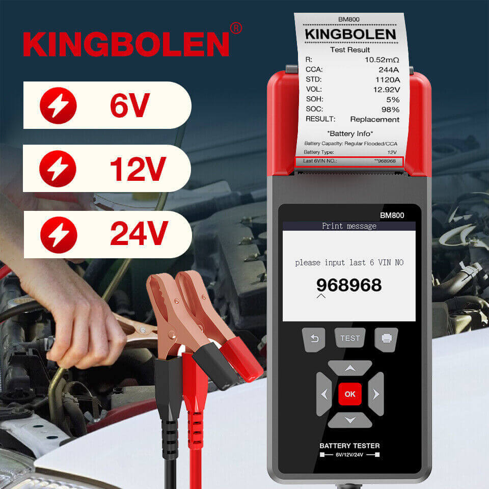 KINGBOLENÂ® BM800 Heavy Duty Truck & Car Battery Tester - 6V 12V 24V Cranking Charging Analyzer with Printer for Automotive, RV, Marine & Fleet Maintenance