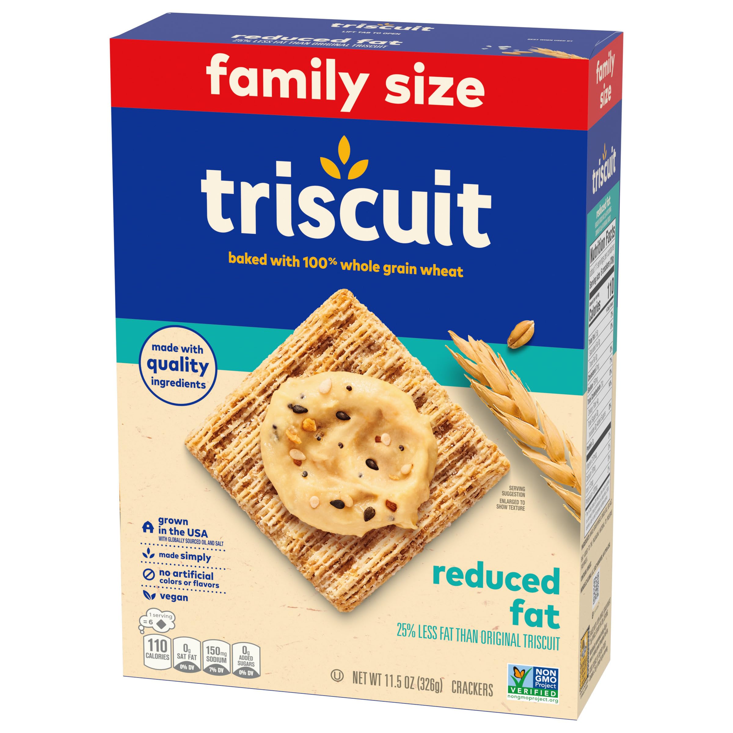 Triscuit Reduced Fat Whole Grain Wheat Crackers | Vegan, Gluten-Free Snacks for Lunch & On-the-Go | Family Size 11.5 oz Pack | Perfect for Office, School & Picnics