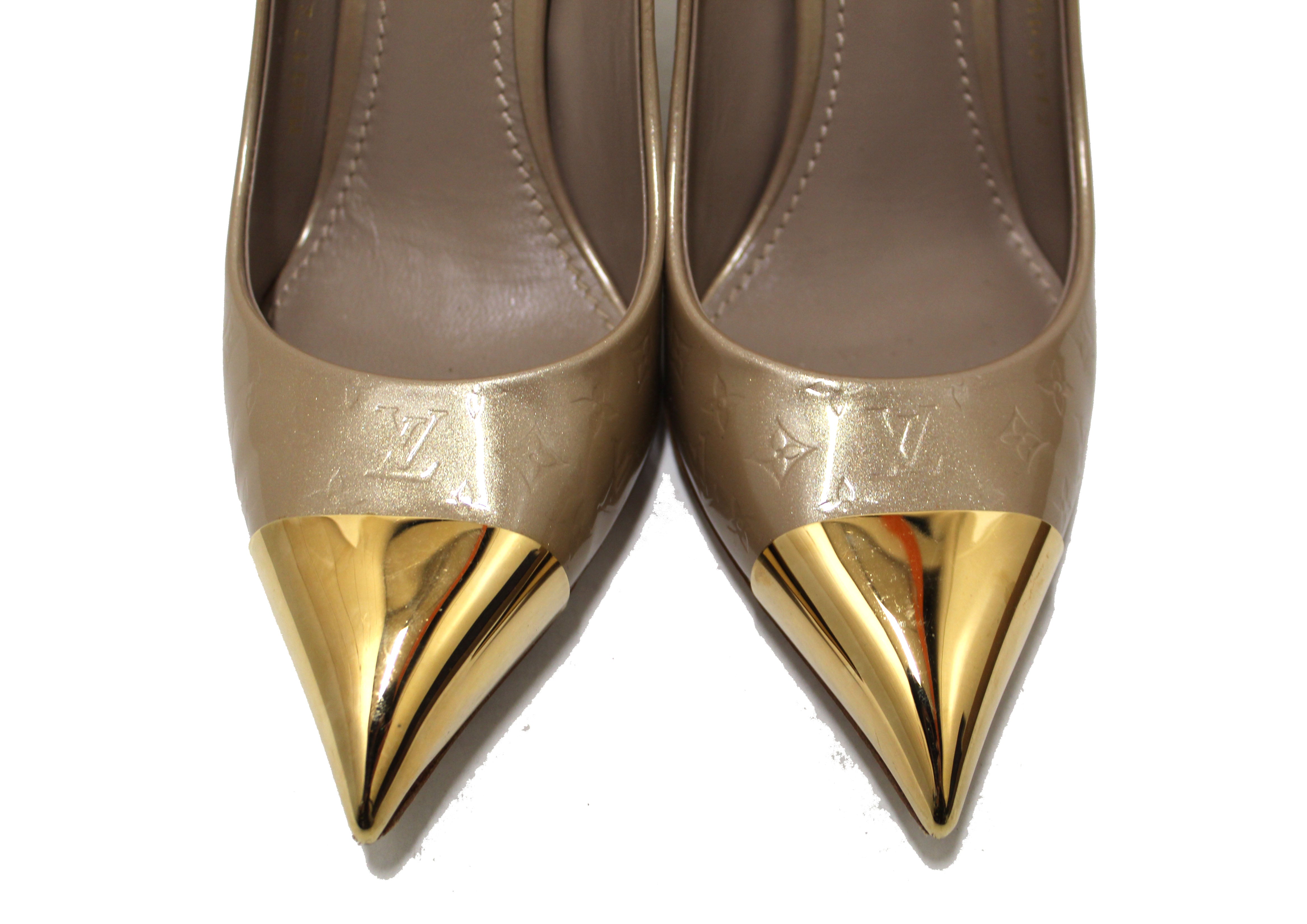 Authentic Louis Vuitton Beige Patent Leather Twist Pump Shoes Women's Size 37 EU - Elegant Heels for Parties, Weddings & Formal Events