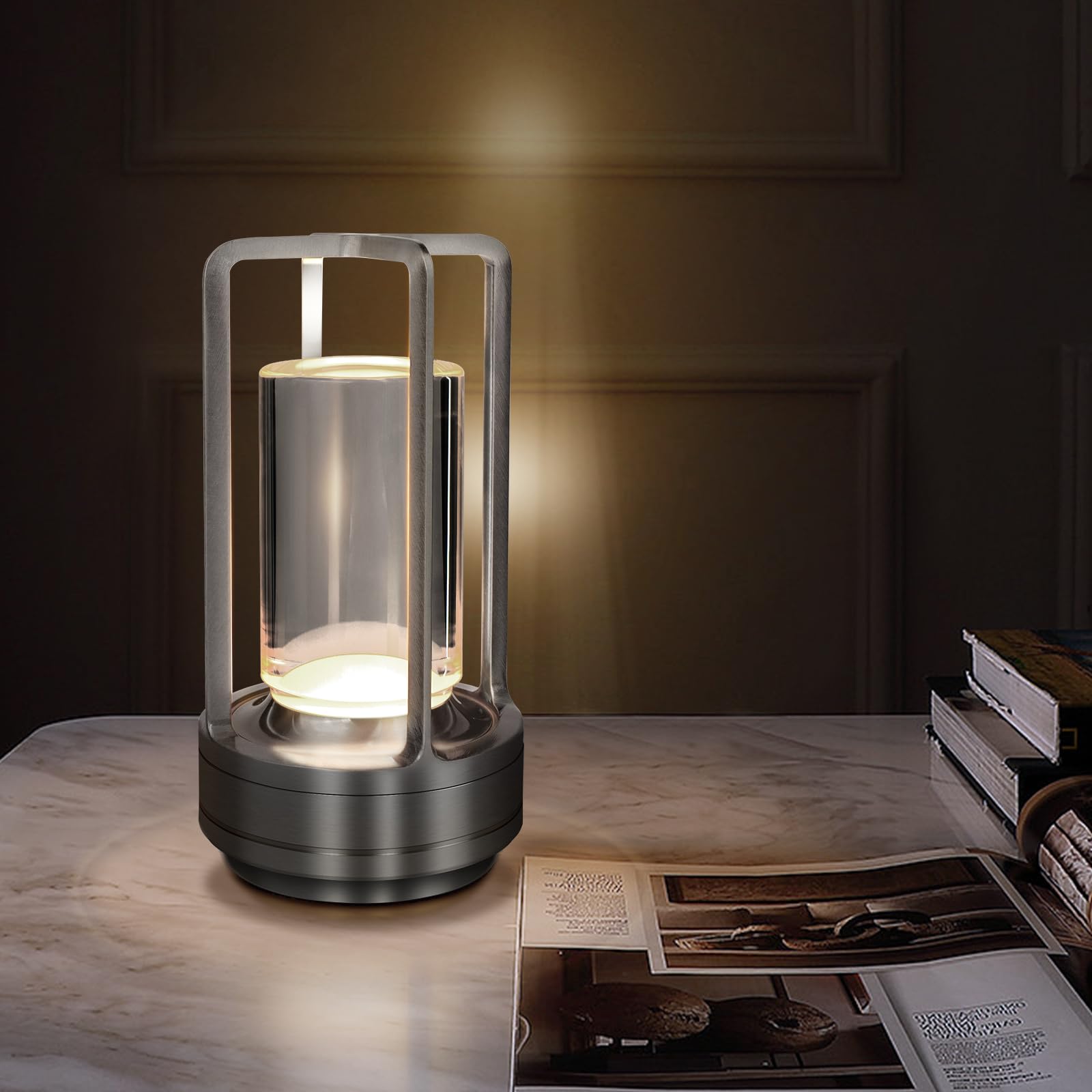 Rechargeable Cordless Table Lamp - Portable LED Crystal Lantern with 3 Color Stepless Dimming Touch Control, Battery Powered Desk Light for Indoor Outdoor Use in Bedroom, Restaurant, Camping, and Patio (Black)