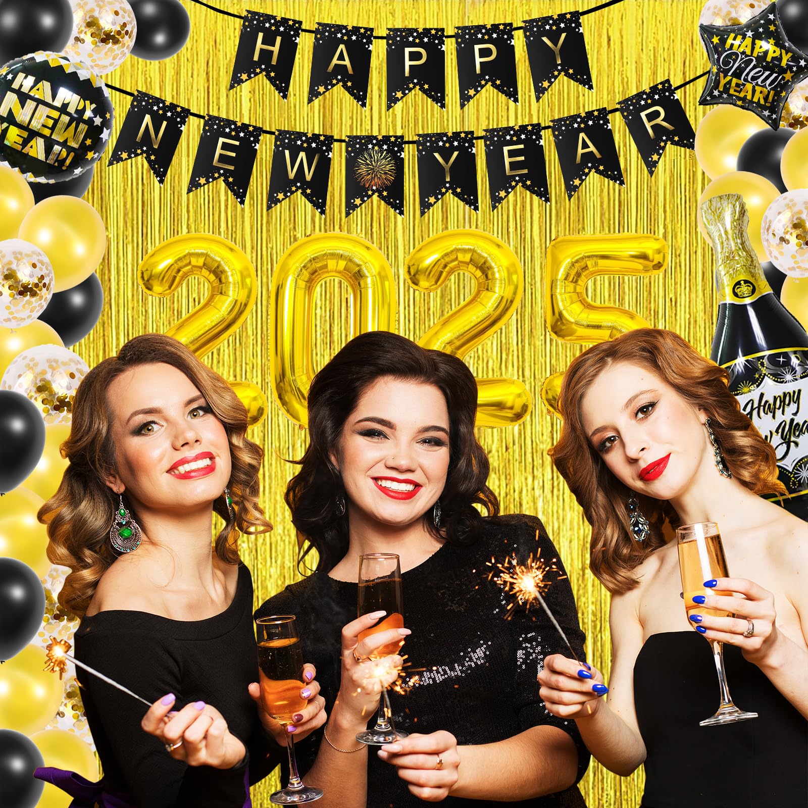2025 New Year's Eve Party Decorations - Black & Gold NYE Party Supplies for Countdown & Celebration | Happy New Year 2025 Decor for Home, Office & Ballroom Parties