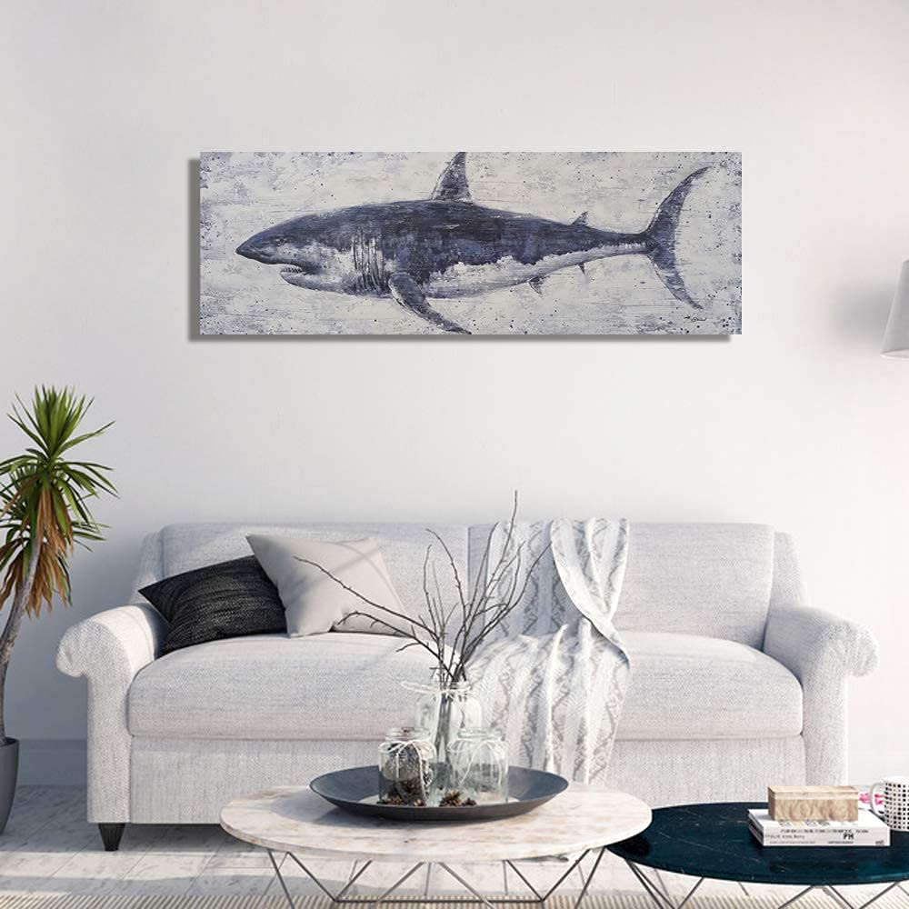 Modern Large Fish Wall Art - Framed Indigo Navy Blue Nautical Painting for Bedroom Decor - Shark Beach Theme Ready to Hang Canvas (60Wx20L) - Perfect for Coastal Living Rooms, Beach House Wall Decor & Ocean-Themed Offices