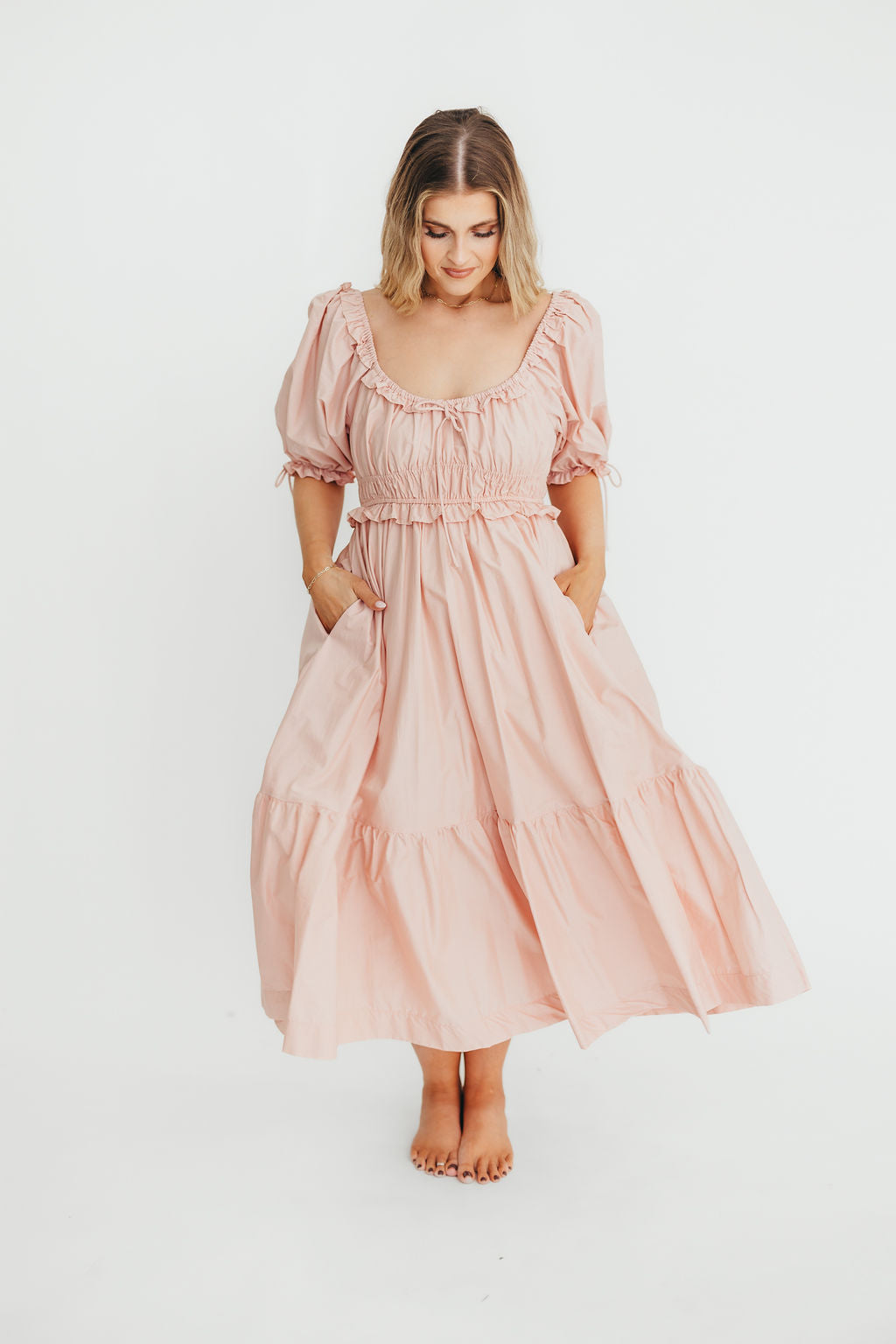 Crissy Ruched Midi Dress - 100% Cotton Bump Friendly Maternity Dress in Dusty Pink | Perfect for Baby Showers, Maternity Photos & Everyday Comfort