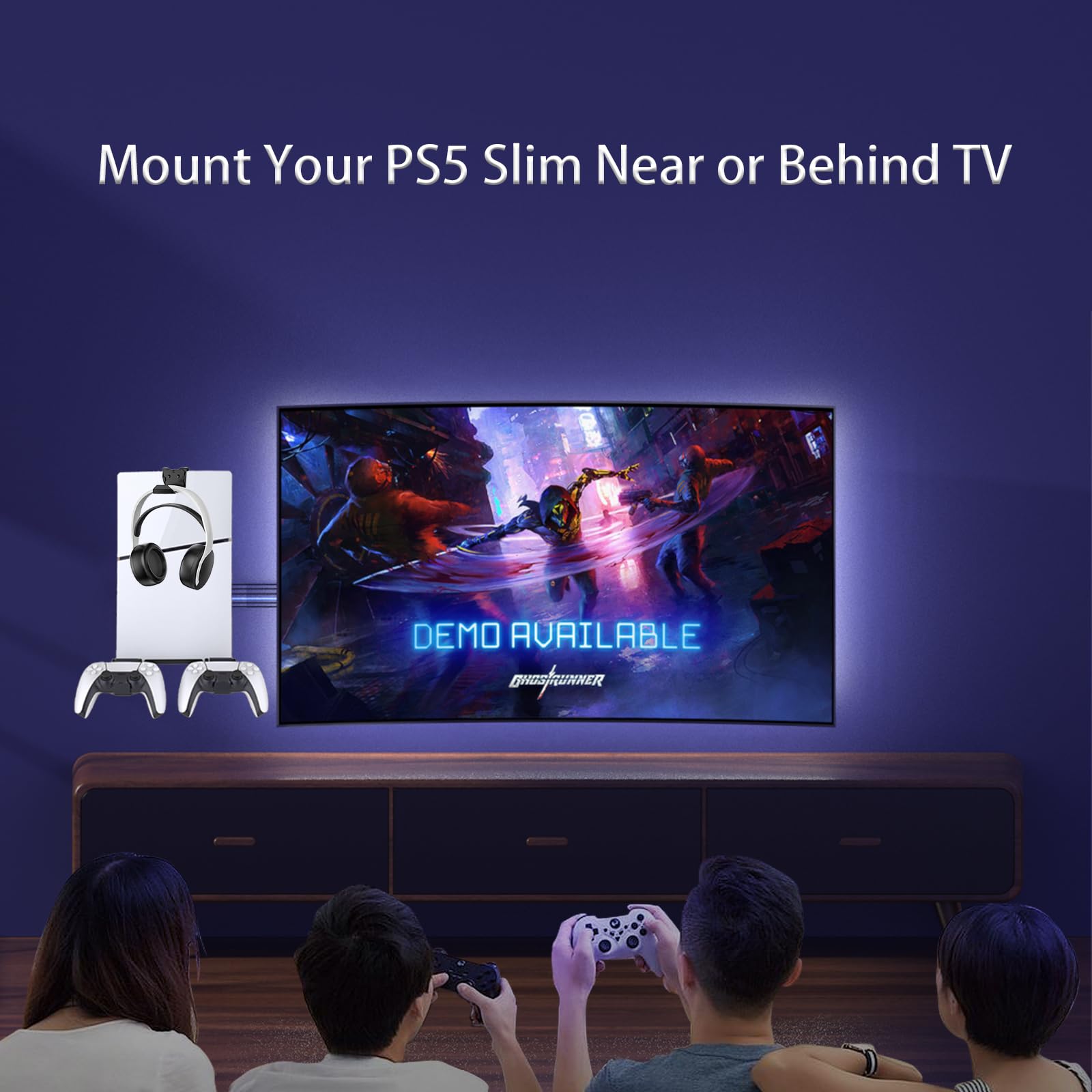 Upgraded Wall Mount Kit for PS5 Slim - Adjustable Bracket with 2 Removable Controller Holders & Headset Hook - Secure Screw Mounting for Living Room, Bedroom, or Gaming Setup