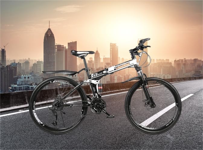 26 Inch Folding Mountain Bike - 27 Speed Hydraulic Shock Absorber, High Carbon Steel Frame, Adjustable Seat for Adults & Teens - Perfect for Commuting, City Riding & Outdoor Adventures (Black/White)